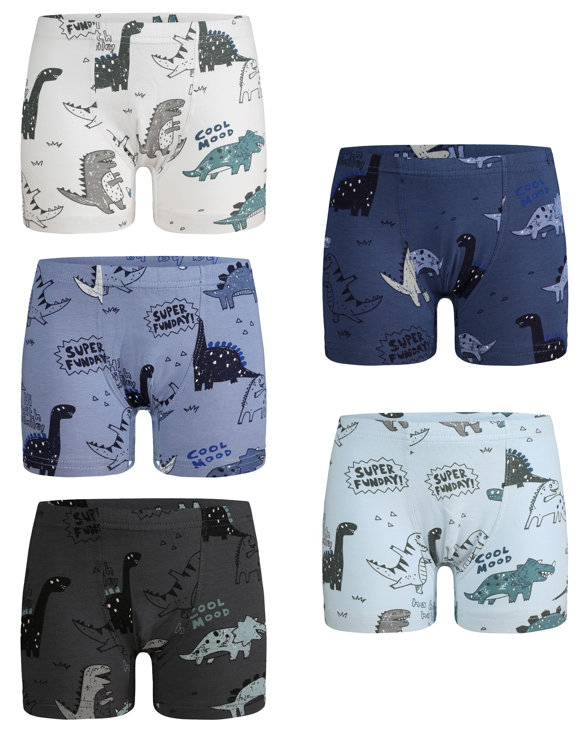 Donella Boys Cotton Underwear 5 Pack - Soft Stretch Trunks for Boys Dinosaur Print