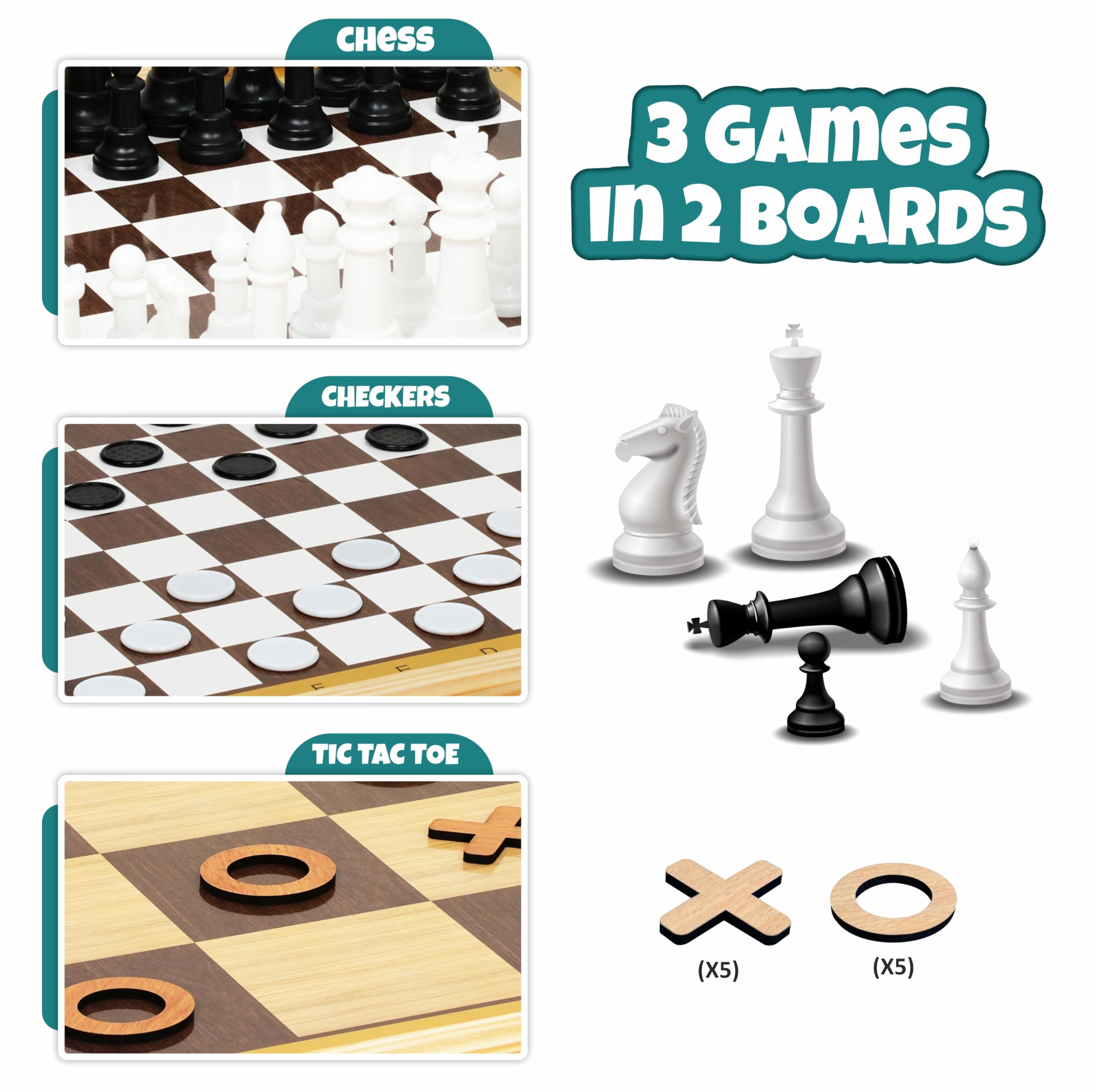 Toyaffair Wooden Board Game Set β Checkers, Chess, and Tic Tac Toe -Multi Game Board for Kids and Adults, Portable Family Fun Game (3 in 1 Wooden Board Game) 3