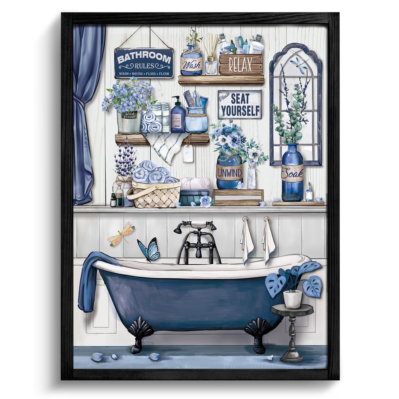 Yookeer Framed Navy Blue Bathroom Decor 14'' X 11'' Wall Art with Hanging Materials Rustic Blue Canvas Print Please Seat Yourself Vintage Aesthetic