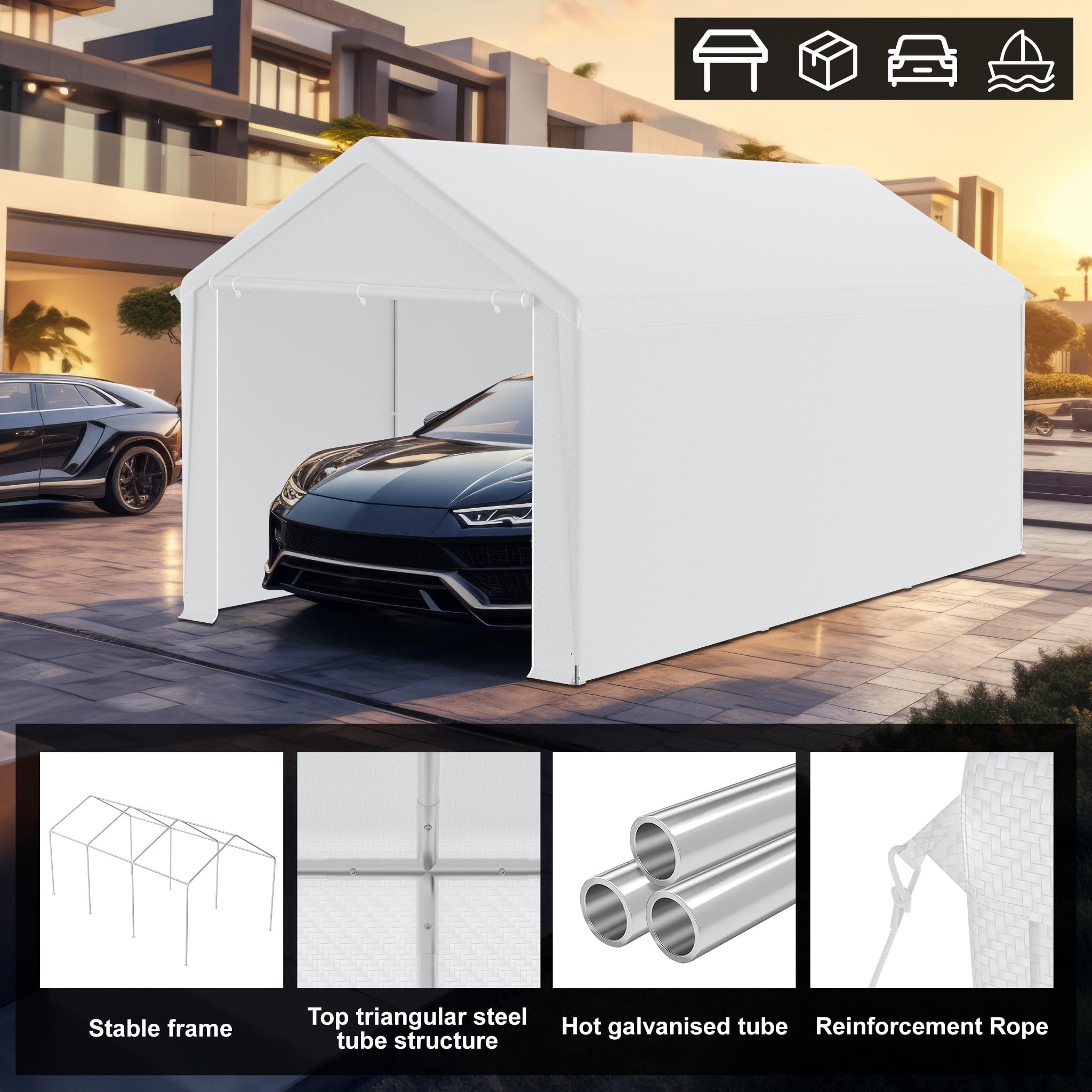 LZQ Tente de garage, 3 x 6 m, avec bâche en polyéthylène, renforcement du toit, parois latérales amovibles, cadre de sol, abri robuste pour voiture, SUV, camion (blanc)