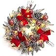 24" Prelit Christmas Wreath with Lights, Battery Operated Xmas Garland with Decorations, Wreath for Front Door Porch Wall Window Fireplace Outdoor Home Holiday Accent