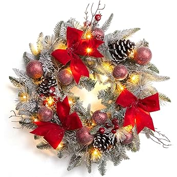 24" Prelit Christmas Wreath with Lights, Battery Operated Xmas Garland with Decorations, Wreath for Front Door Porch Wall Window Fireplace Outdoor Home Holiday Accent