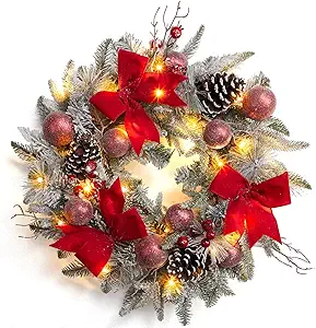 24" Prelit Christmas Wreath with Lights, Battery Operated Xmas Garland with Decorations, Wreath for Front Door Porch Wall Window Fireplace Outdoor Home Holiday Accent