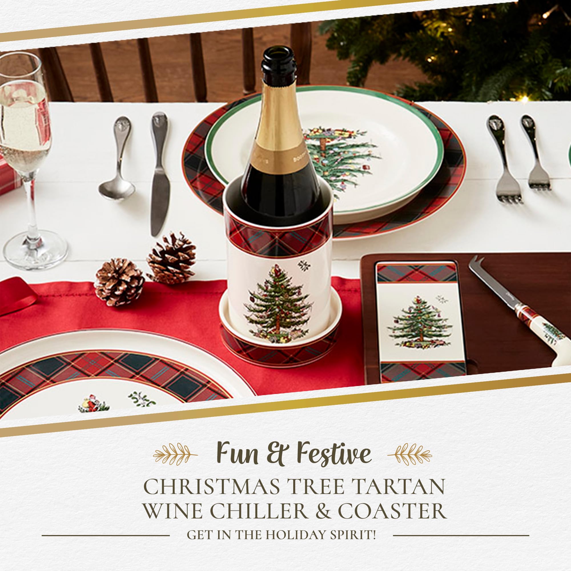 Spode Christmas Tree Wine Chiller & Coaster, Tartan Plaid - Elegant Wine Cooler and Beverage Chiller for Holiday Entertaining, Christmas Table Settings, Festive Dinner Plates, and Seasonal Serveware