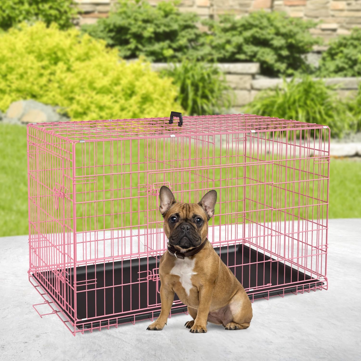 30 Inch Dog Crate,Medium Dog Crate with Double Door Divider Panel Handle,Folding Metal Wire Dog Cage Animal Crates with Plastic Leak-Proof Pan Removable Tray Pet Kennel for Indoor Outdoor Travel,Pink