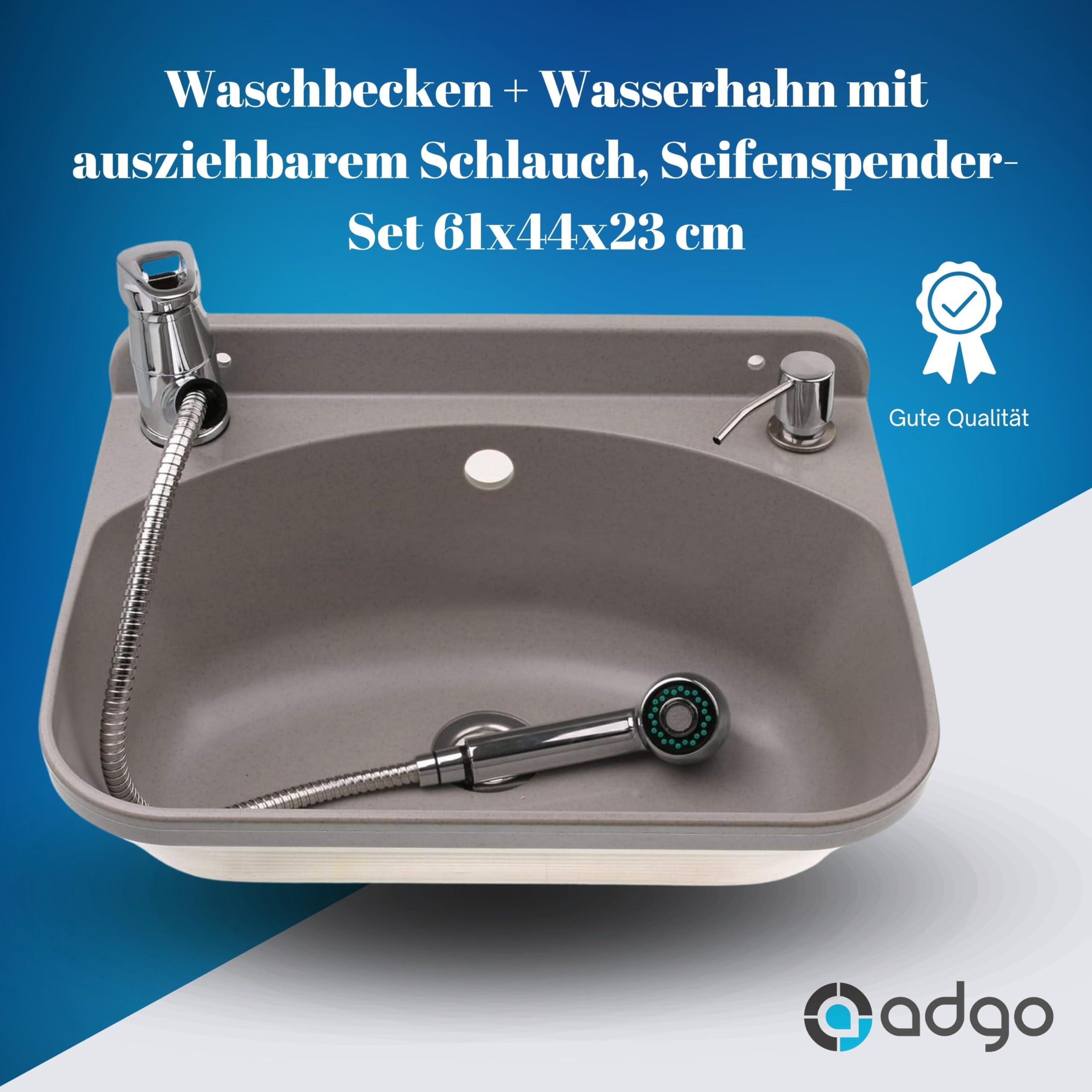ADGO Fregadero de Cocina para el Hogar con Lavabo de Cámara Profunda con Batería, Grifo y Contenedor Dispensador de Jabón, para Jardín, Hogar, Garaje, Sótano, Baño y Taller, Fábrica, Industrial, Gris