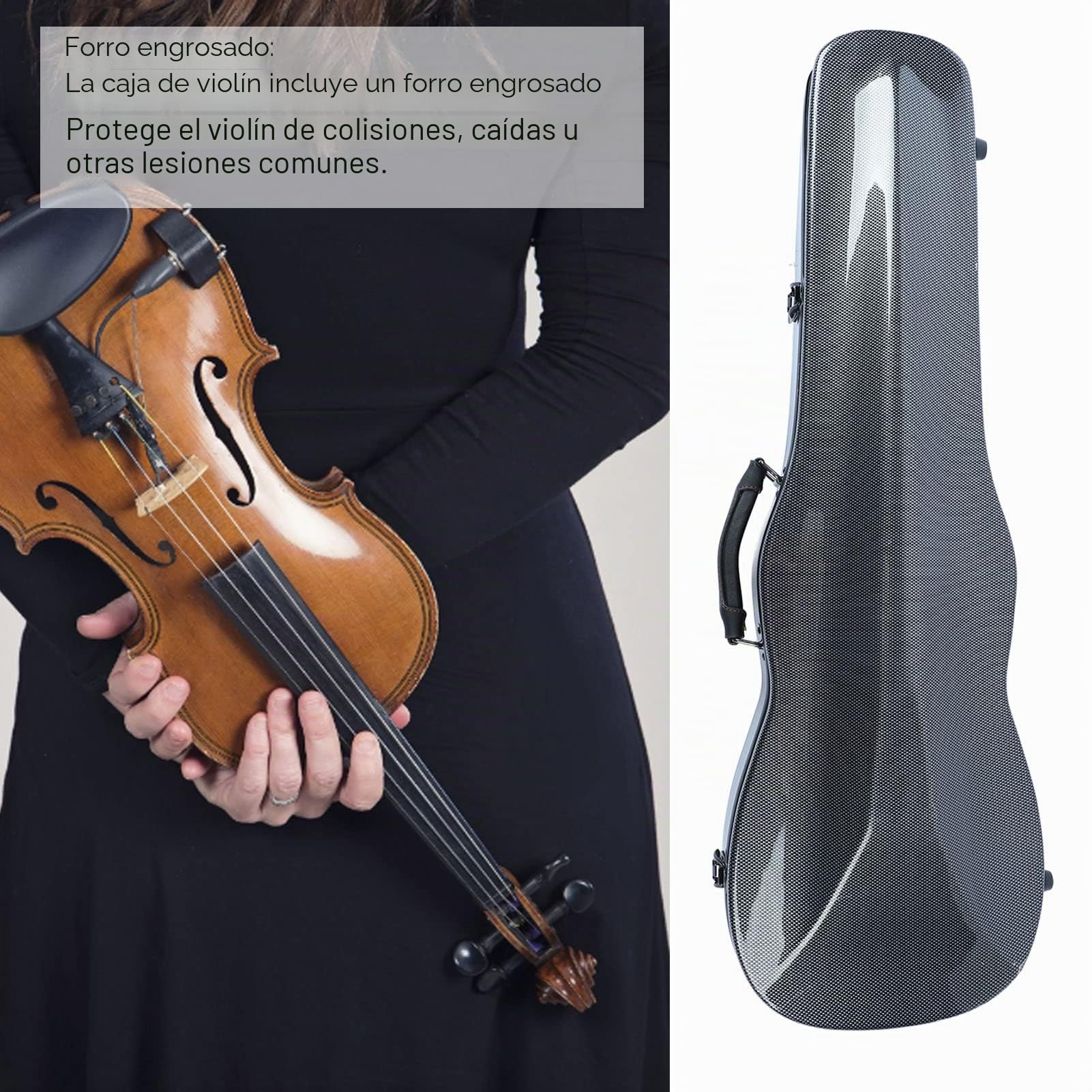 Keenso Estuche de Violín 4/4, Bolsa de Transporte de Violín Portátil Ligera de Fibra de Carbono con Termómetro (Gris Plateado)