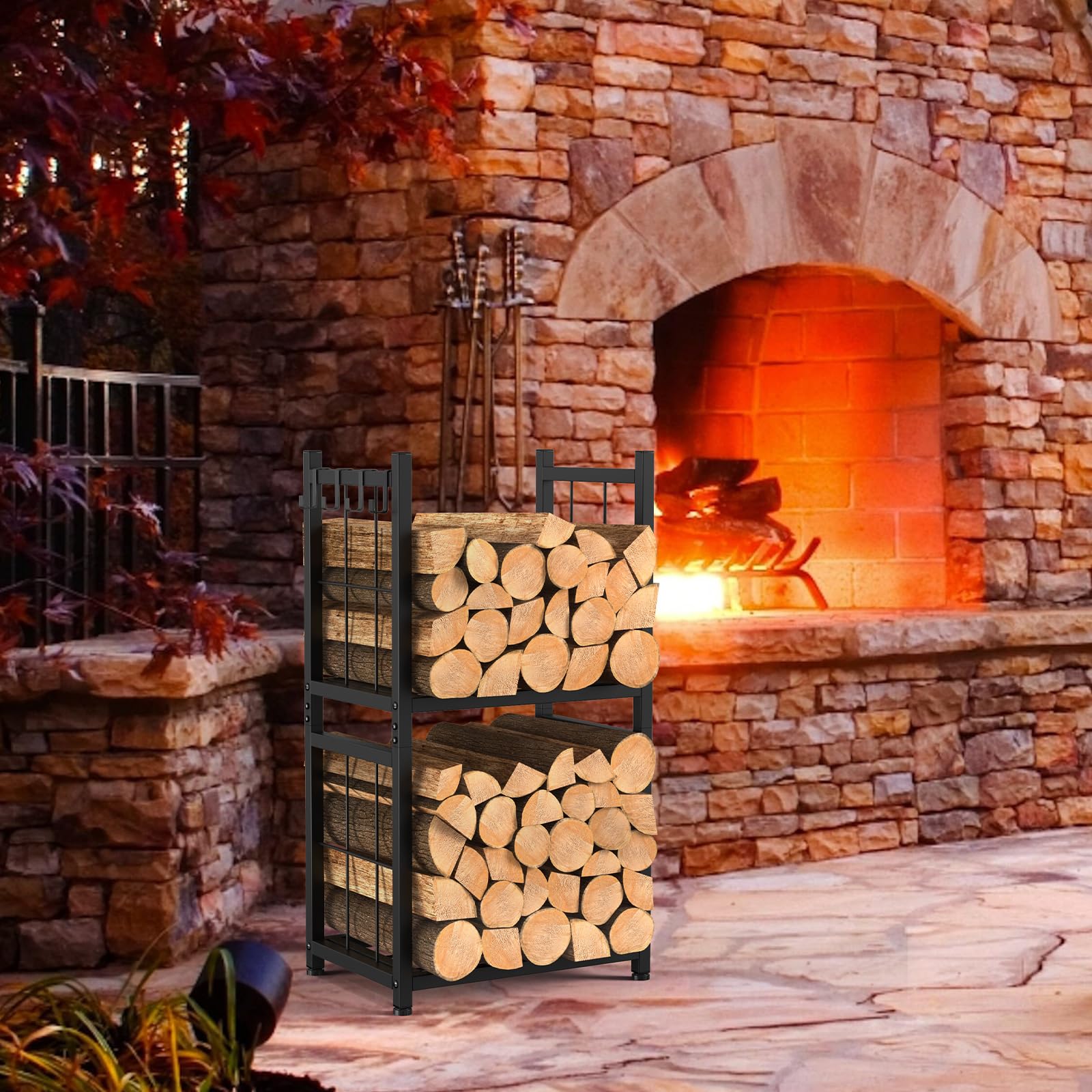 Shinoske Estante para leña de Chimenea con 4 ganchos, 44 x 30.5 x 82 cm, Estante de Leña para chimenea 2 Niveles Leñero Exterior e Interior Metálico, Negro