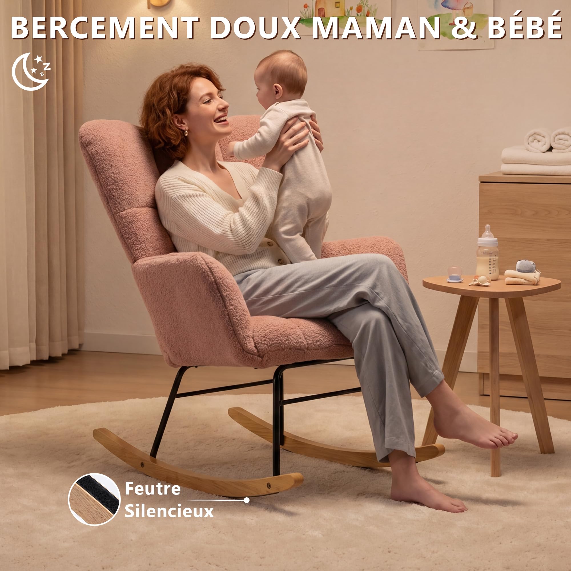 DEKKETO Fauteuil à Bascule - Rocking Chair, Fauteuil Relax Scandinave en Tissu Bouclette, pour Salon, Allaitement, Chambre, Pieds en Bois Massif, Rose