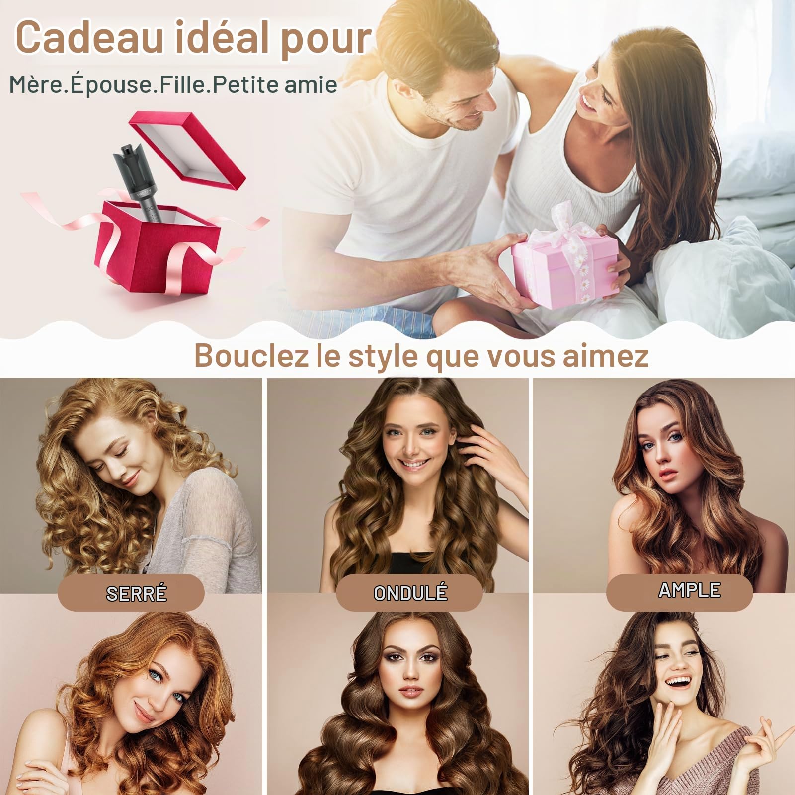 Boucleur a Cheveux, Fer a Boucler, Fer à Friser Automatique pour la Coiffure, 4 Température Réglable, Câble Anti-emmêlement Rotatif à 360° Alimentation Sans Interrupt (Noir)