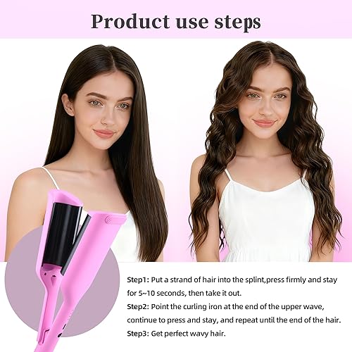 Miniatura 8 de NONK Rizador de pelo de alta potencia, rizador de cerámica de doble barril, 1.25 pulgadas, doble voltaje, antiquemaduras, fácil de usar,
