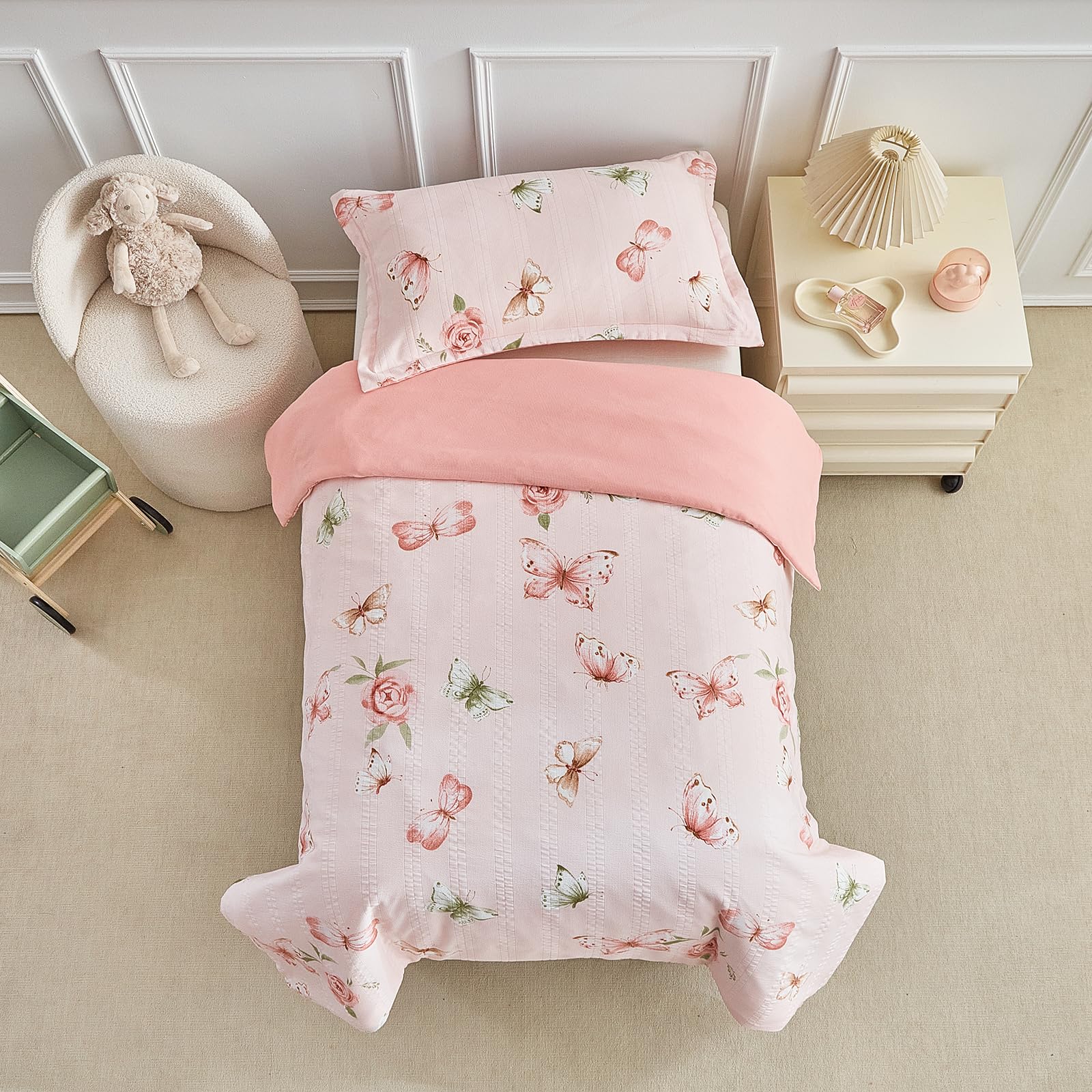 DuShow Toddler Duvet Cover Set For Girls,Toddler Butterfly Duvet Cover With Pillowcase,Jacquard Seersucker Toddler Bedding Set For Junior/Cot Bed 120 cm x 150 cm - Image 2