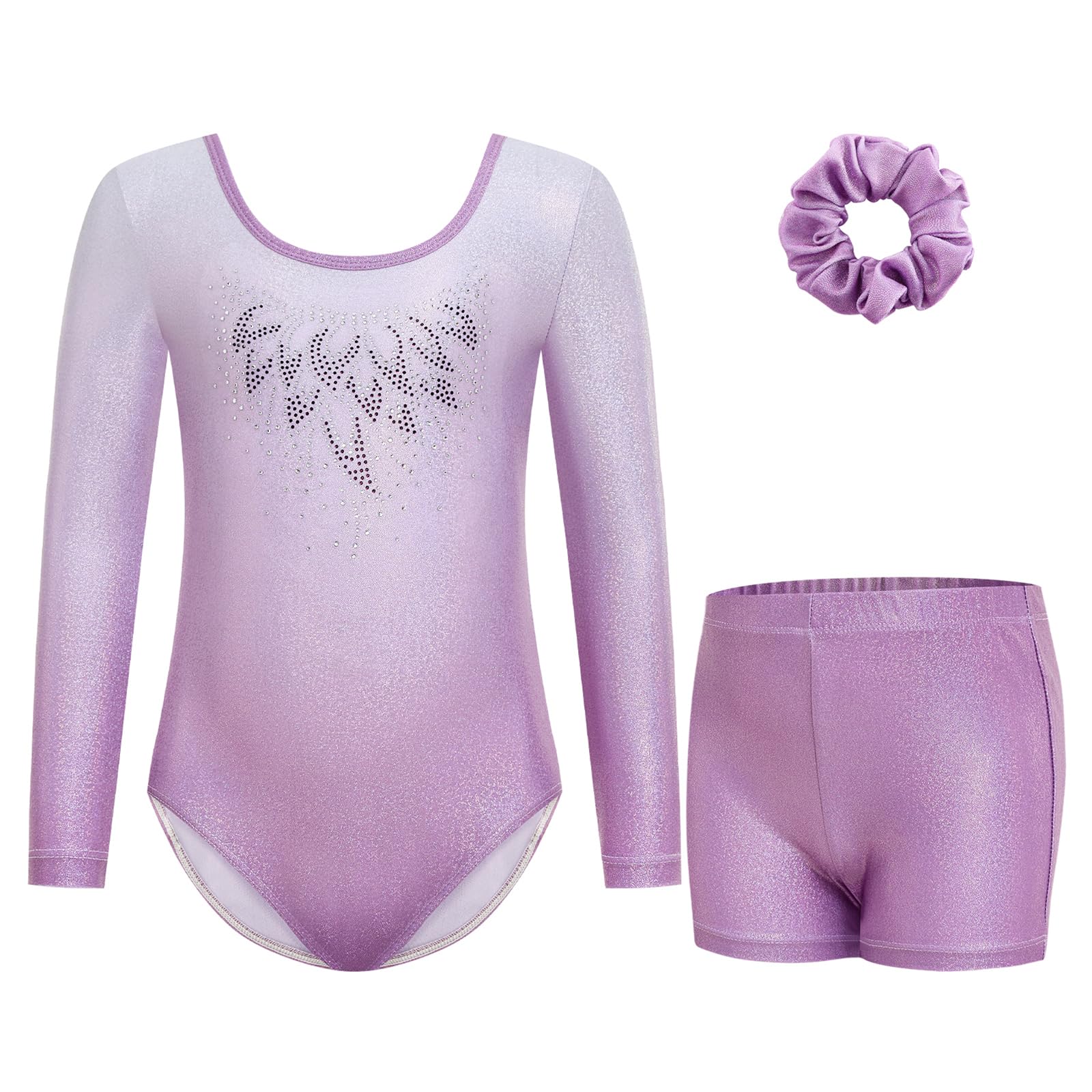 Gogokids Mädchen Dreiteilige Gymnastikanzüge, Langärmliges Gymnastik Set mit Shorts und Haarband, Glitzernde Balletteinheitstrikots - Gymnastik Outfit mit Farbverlaufdesign für 3-12 Jahre