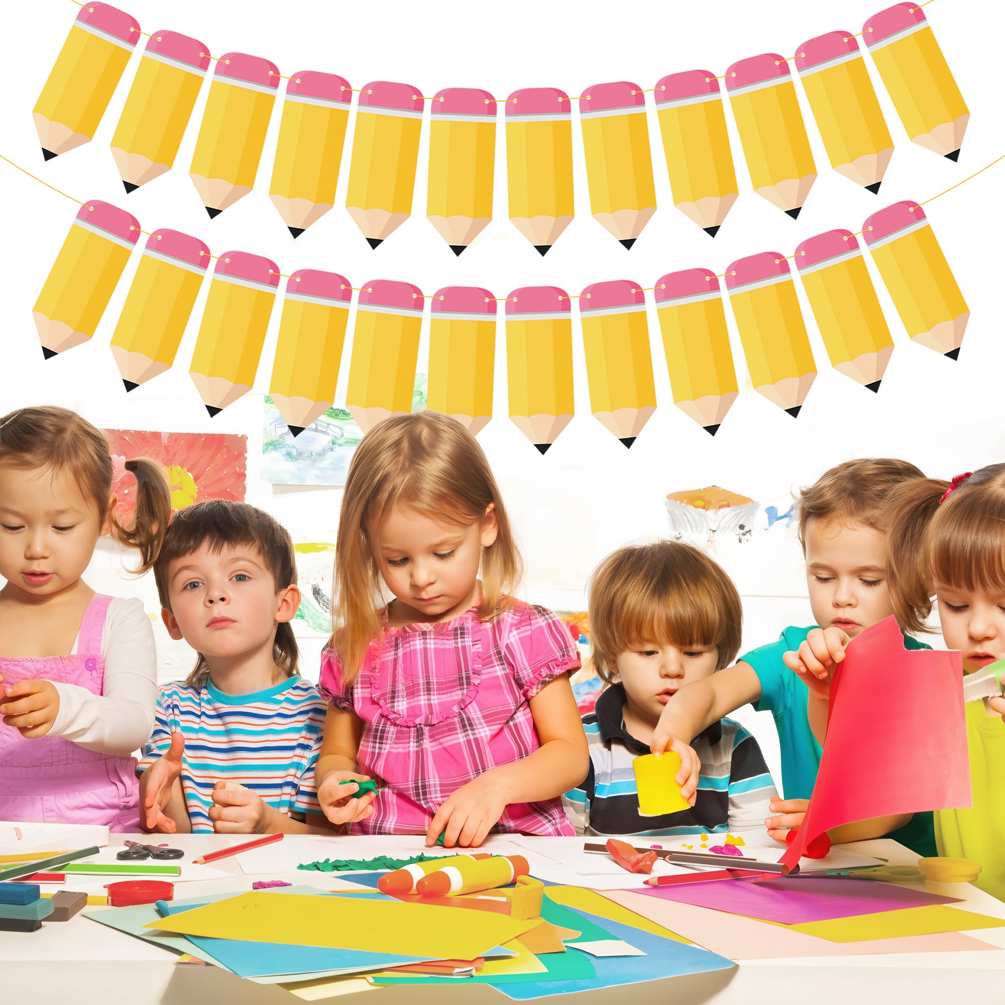 60 Pcs Welcome Back to School Pencil Banner Pencil Paper Garland First Day of School Hanging Banner DIY Pencils Party Decorations Partyprops for Home Schools Classroom Teacher Office Party Decor - Image 6