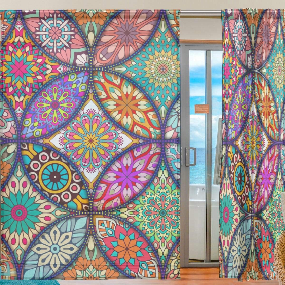 Colorbal Mandala Bohemian Curtain Panels for Living Room - Sheer Window Drapes 2.2m Long, Set of 2, Red, W 55.1" x L 86.6" (2 Panels) - Image 3
