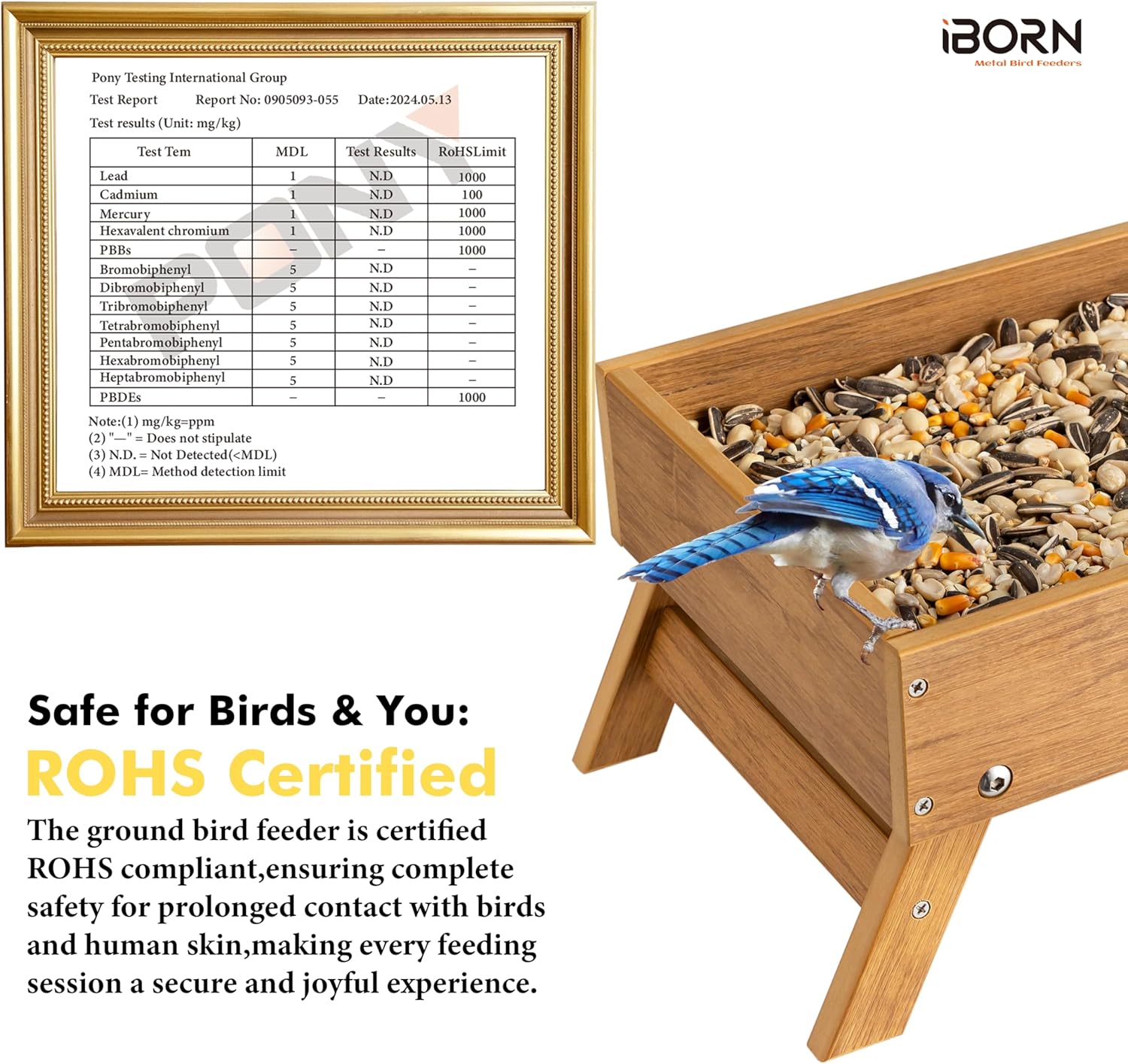 iBorn Ground Bird Feeder, Bird & Squirrel Platform Feeder for Outdoors, WPC Recycled Plastic, 3.6LB Large Capacity, Raw