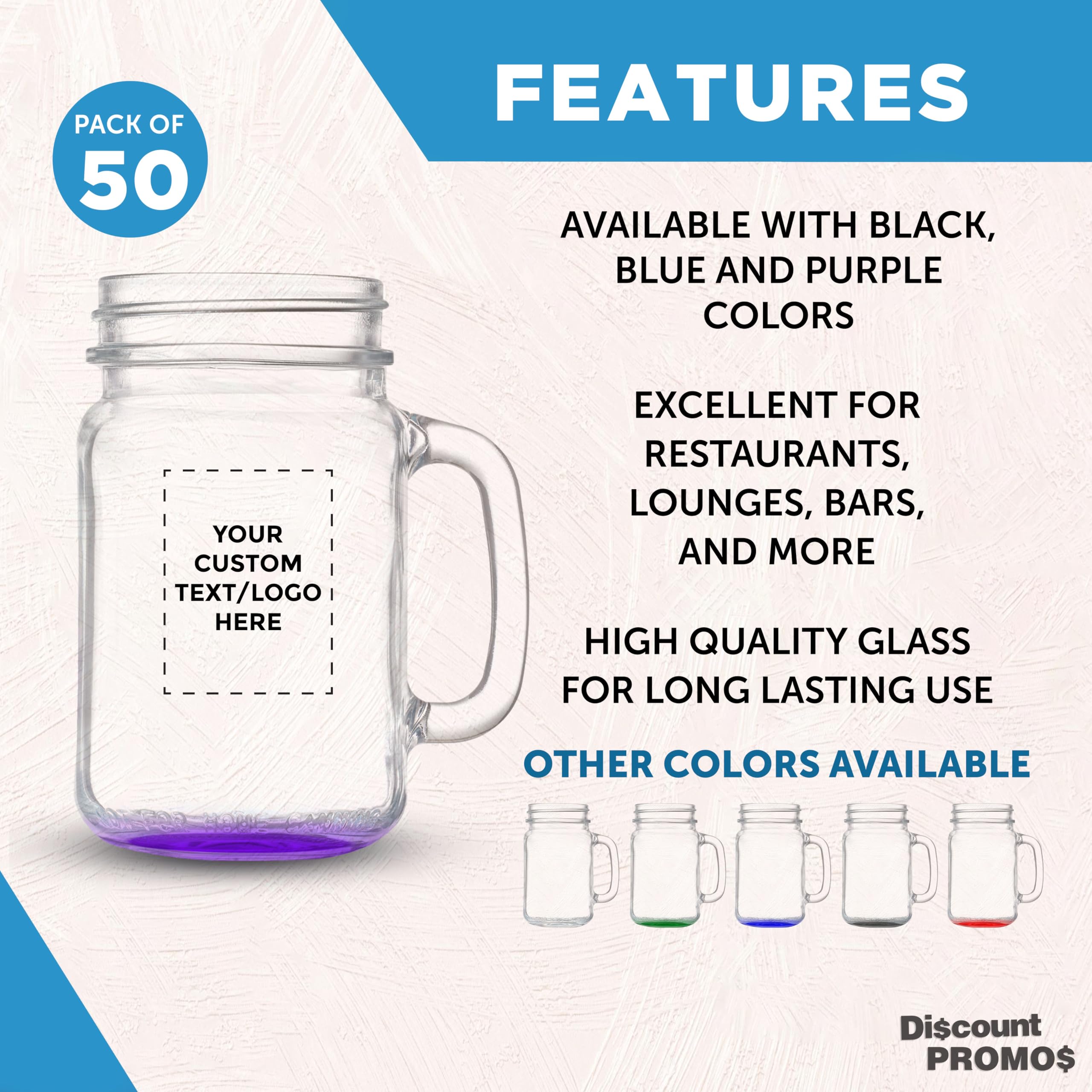 10 Libbey Mason Jars with Handles Set, 16 oz. - Personalized Text, Logo - Traditional style, High standard - Purple