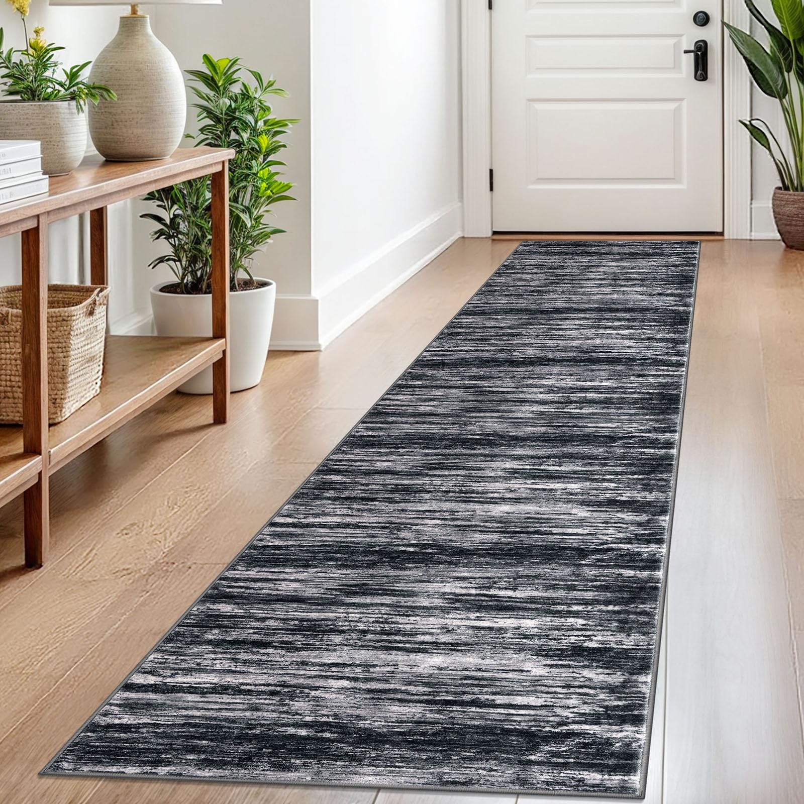 SIILOOM 2x8 Modern Abstract Runner Rug for Hallways, Black Super Soft Hallway Decor Kitchen Rugs with Non-Slip, Non-Shedding Washable Rug for Entryway
