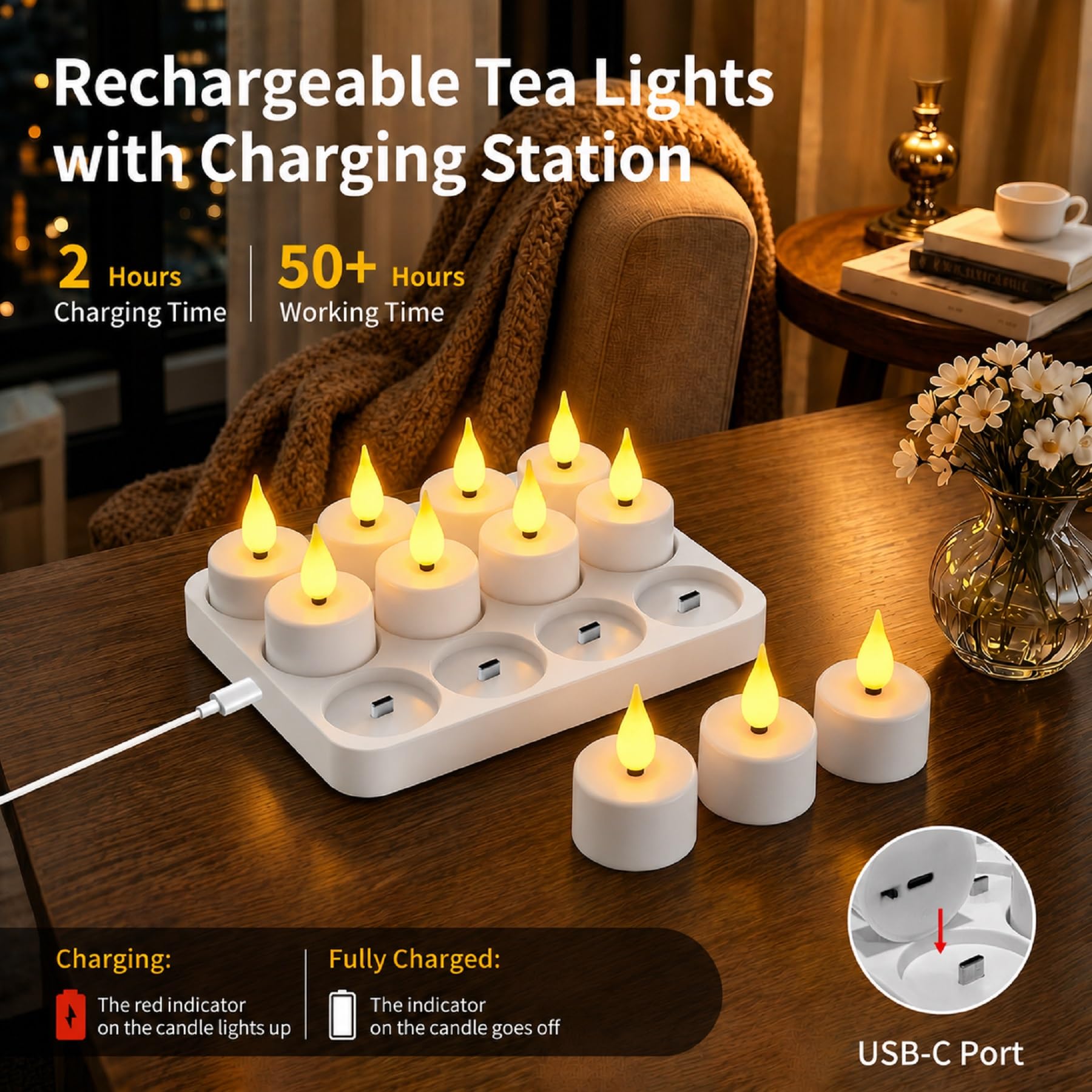 Candeline LED ricaricabili, 12 candele LED effetto fiamma tremolante con telecomando e timer, candele elettriche LED dimmerabili con base di ricarica per feste, ambienti e decorazioni natalizie