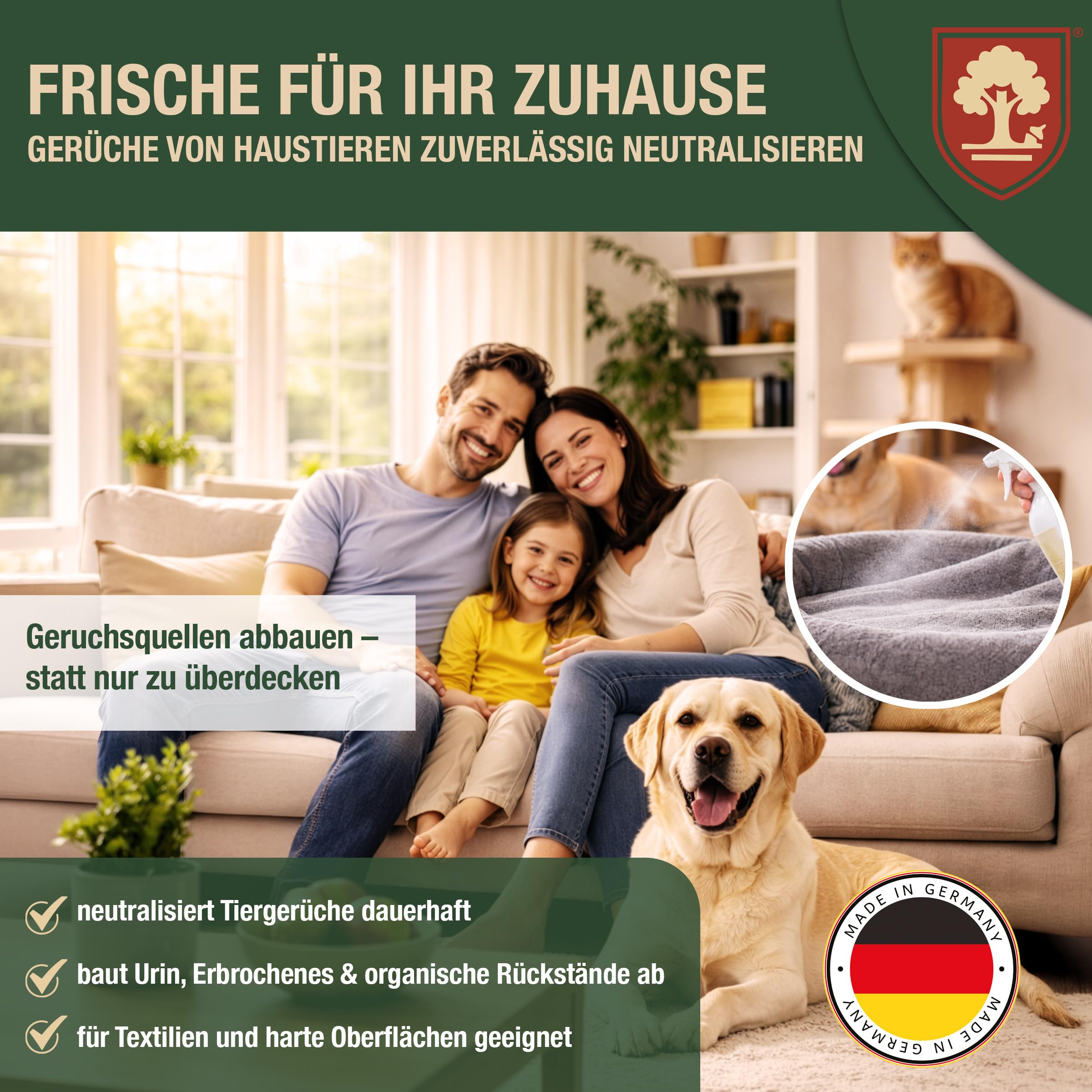 Enzymreiniger für Hunde- & Katzenurin – Geruchsentferner, Fleckenentferner & Textilerfrischer für Sofa, Teppich, Polster, Matratze, Hundebett, Katzenklo, Autositze & Tierhaushalt Reinigung - 500ml