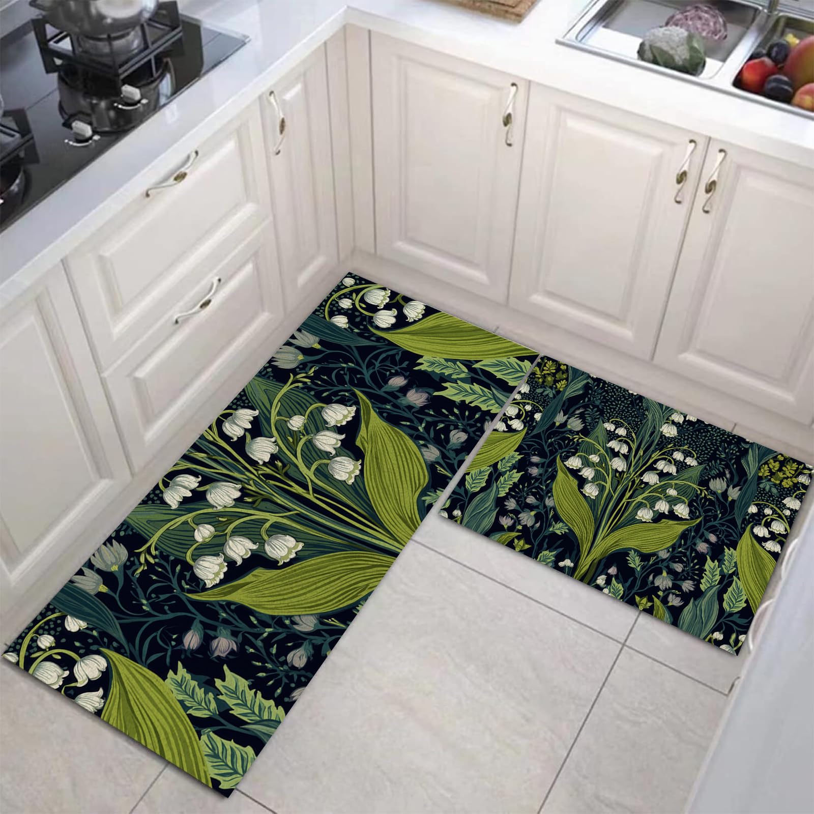 Tapis de cuisine antidérapant lot de 2 lavables motif muguet blanc confort debout