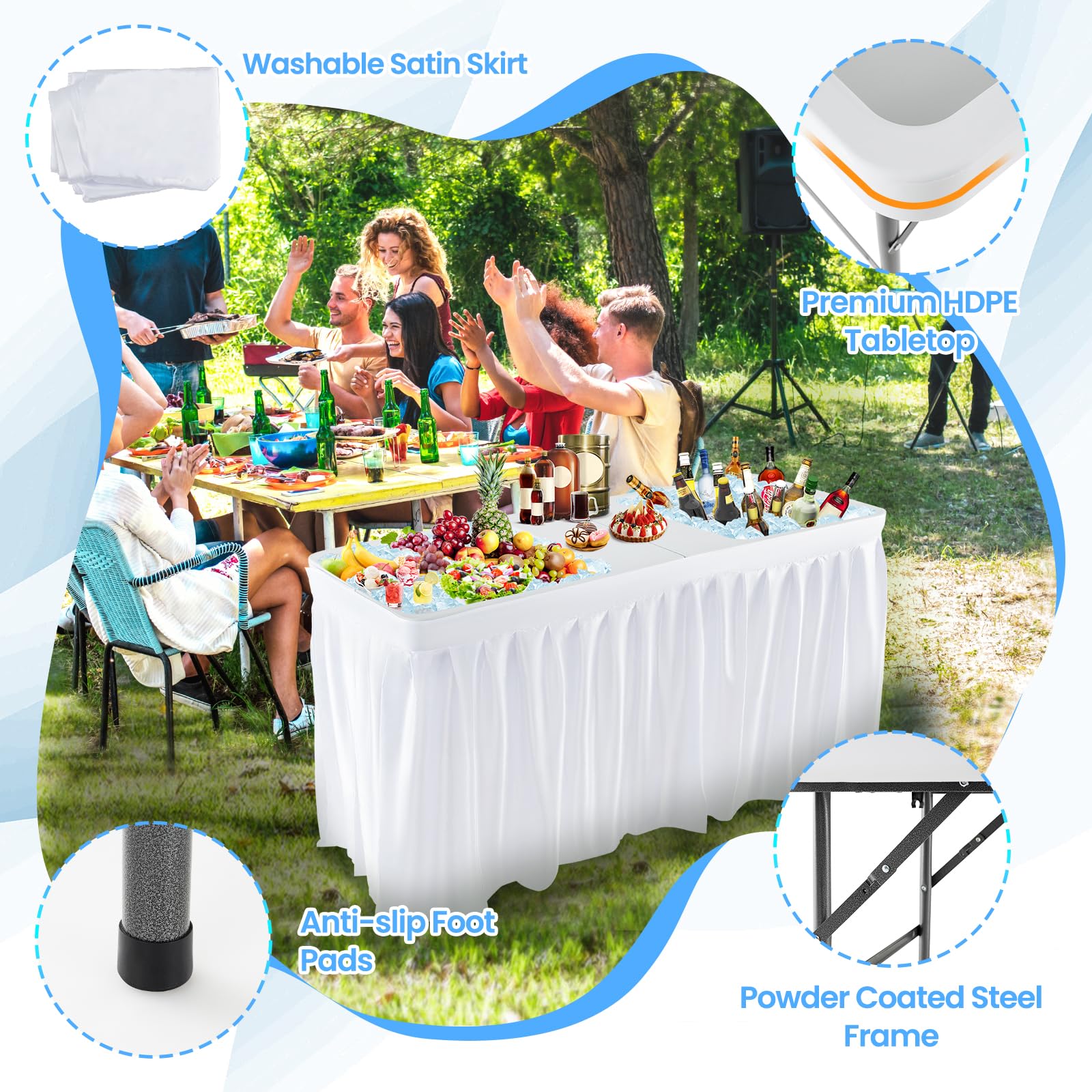 GIANTEX klappbarer Eiskühltisch, Kühltisch mit tiefer Doppelspüle & Entwässerungsloch, Getränkekühler mit abnehmbarem Tischrock, tragbarer Gartentisch für Party, Camping, Picknick & BBQ