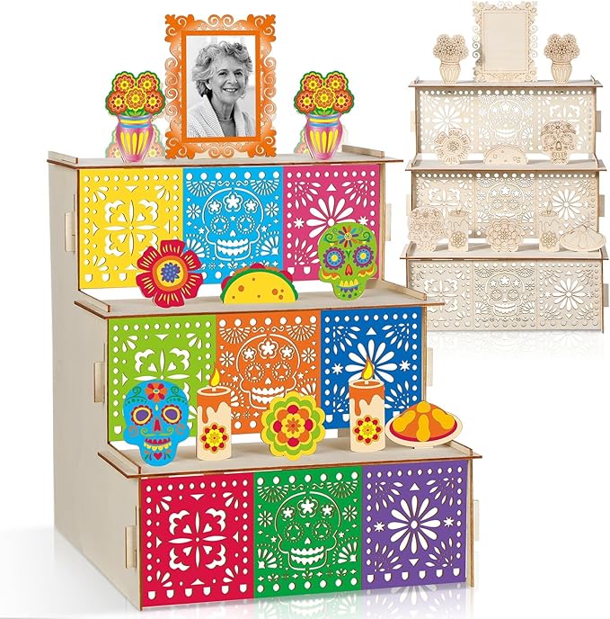 Dia De Los Muertos Altar Ofrenda Wooden Box Set Sugar Skull and Candle Papel Picado Day of The Dead Supplies with Photo Frame Remembrance Memory Shadow Gift for Dia De Los Muertos Home Decorations