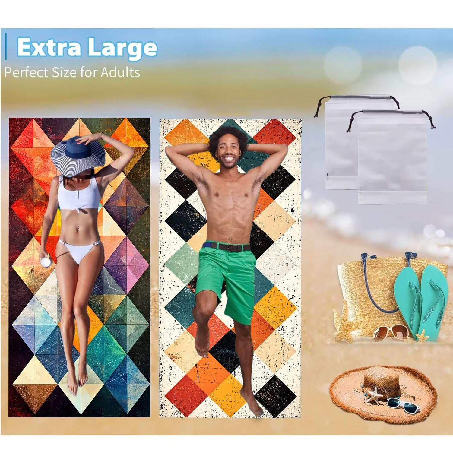Ręcznik plażowy 80 x 160 cm, zestaw 2 dużych ręczników z mikrofibry szybkoschnący, chłonny, kompaktowy, ręcznik kąpielowy bez piasku letni koc plażowy damski do kąpieli prezent (geometria kratowa) H