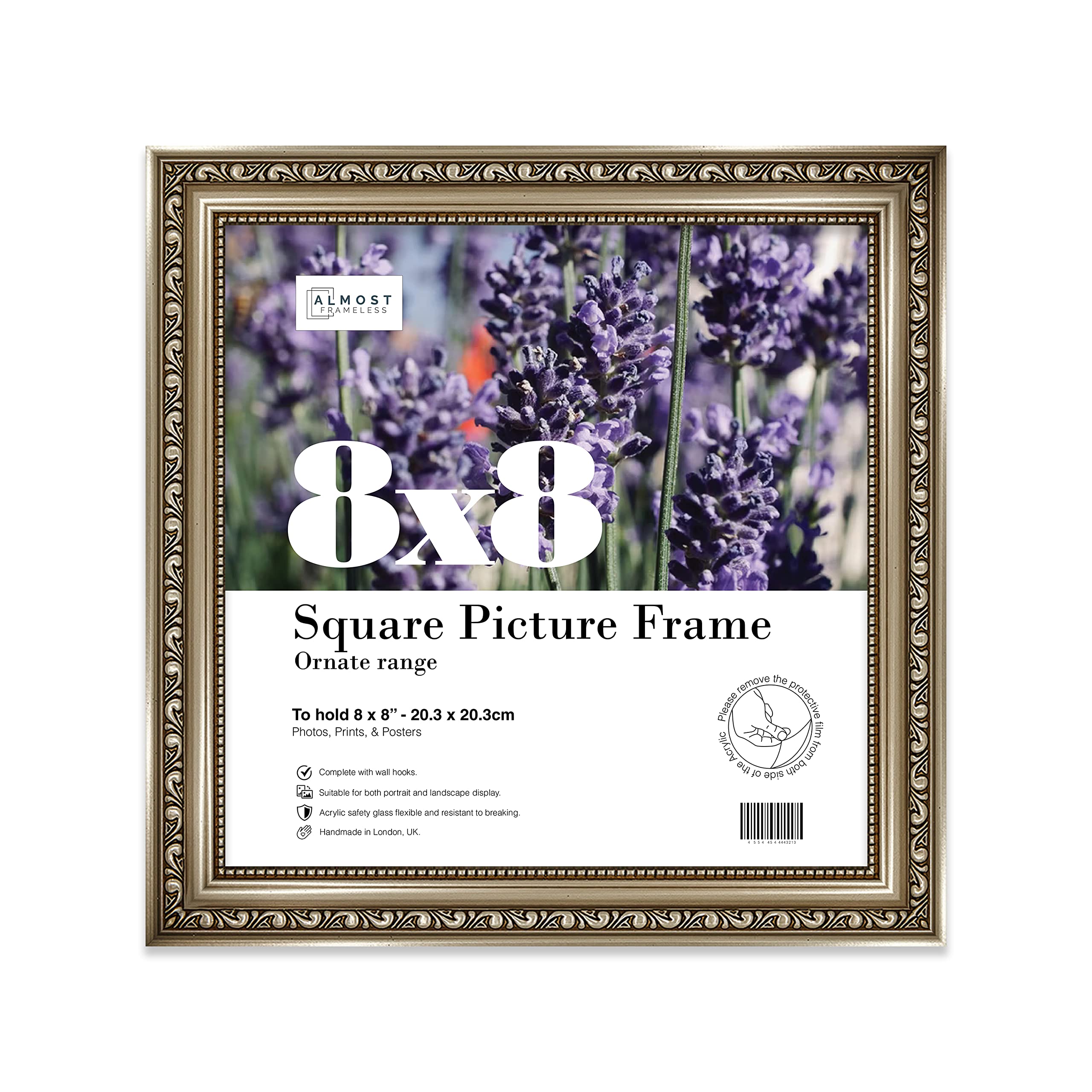Almost Frameless 8x8 Gunmetal Ornate Picture Frame 8"x8" (20.3x20.3cm) Poster, Photo, Artwork, or Print. Baroque Style Portrait and Landscape Display with Wall Hooks