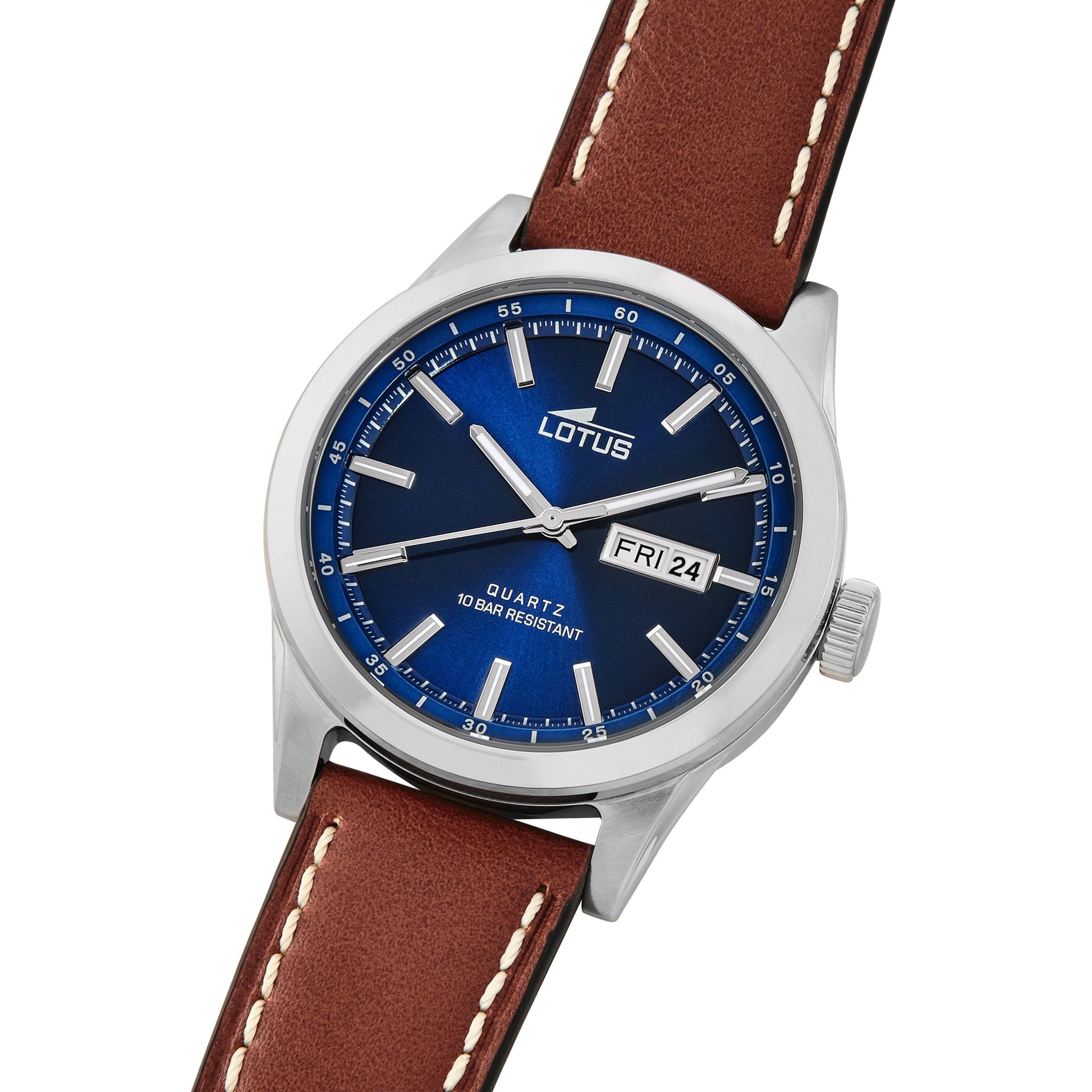 LOTUS Reloj Hombre Analógico de Cuero - Movimiento de Cuarzo - Calendario - Cristal Mineral de Alta Resistencia - Resistente al Agua 10 ATM Clásico
