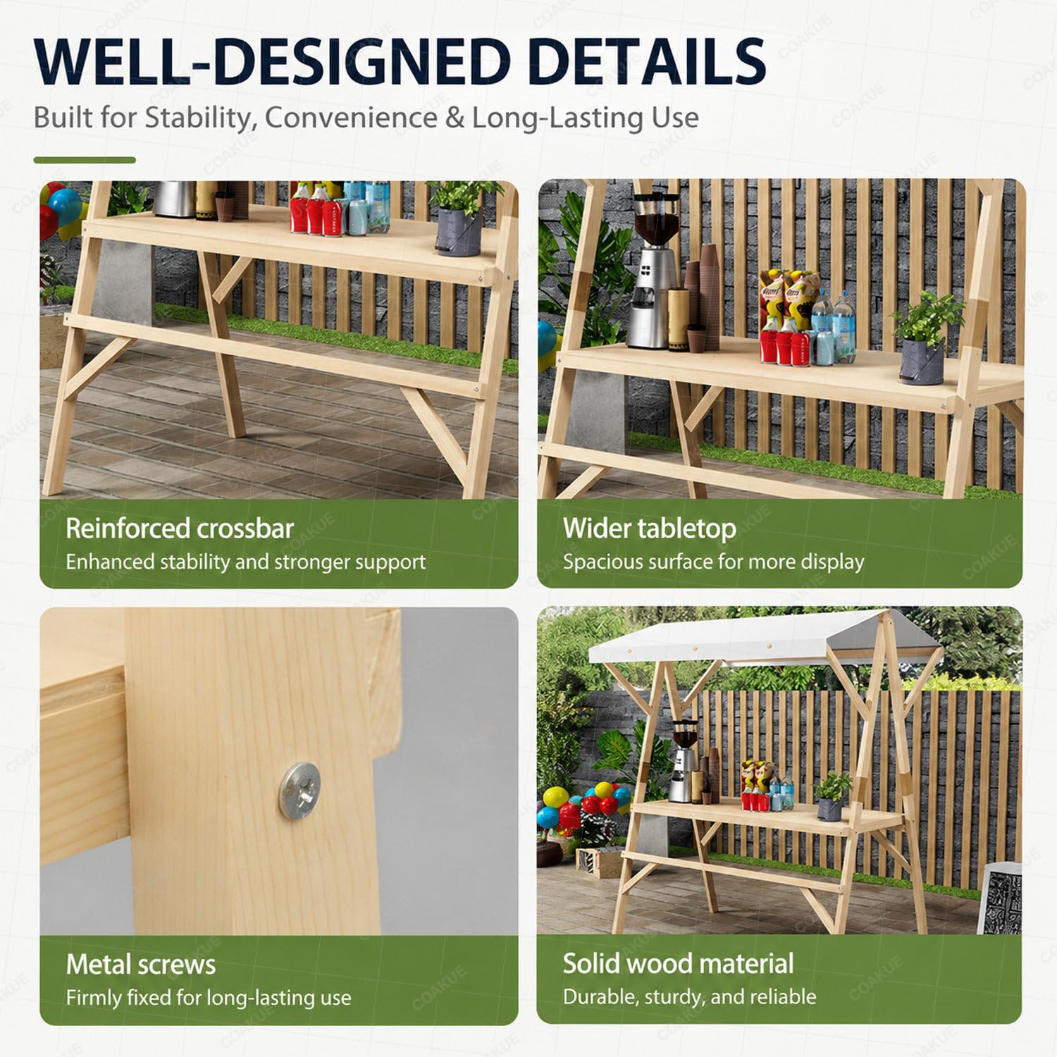 Carrito de Madera Plegable para Exteriores con Ruedas y toldo, Soporte portátil para exhibición de Comida para Venta Ambulante, mercados, Eventos y Fiestas al Aire Libre BlueB-150cm/59in
