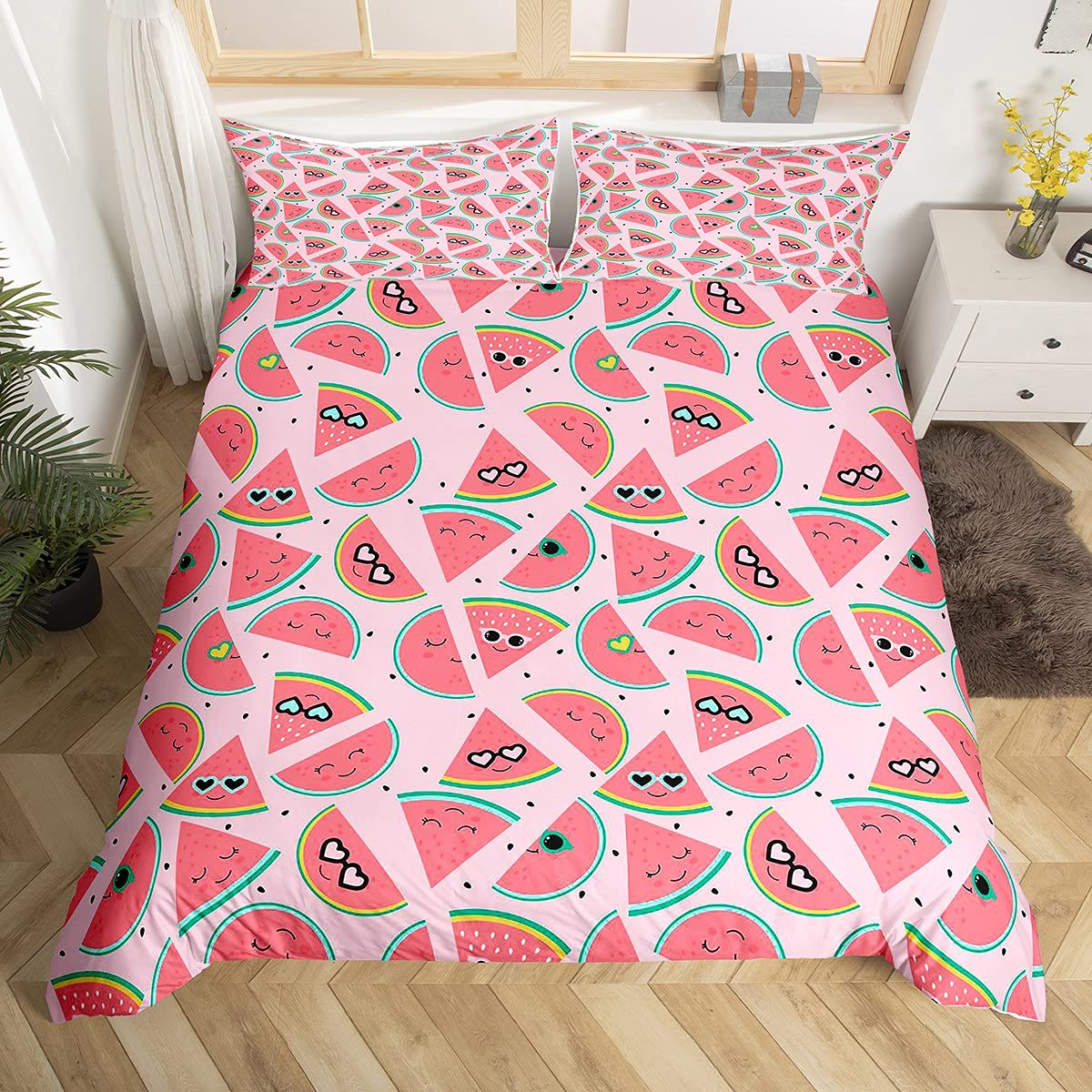 Homemissing Cute Watermelon Duvet Cover Cartoon Watermelons Bedding Set Funny Red Watermelon Slice Design Comforter Cover for Boys Girls Kids Pink Tropical Fruit Bedding & Linen King Size