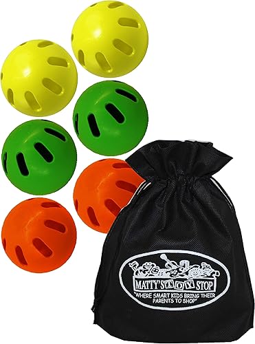 Mtty's Toy Stop Wiffle Balls - Paquete de pelotas de béisbol de tamaño oficial amarillo, verde y naranja con bolsa de almacenamiento, paquete de 6