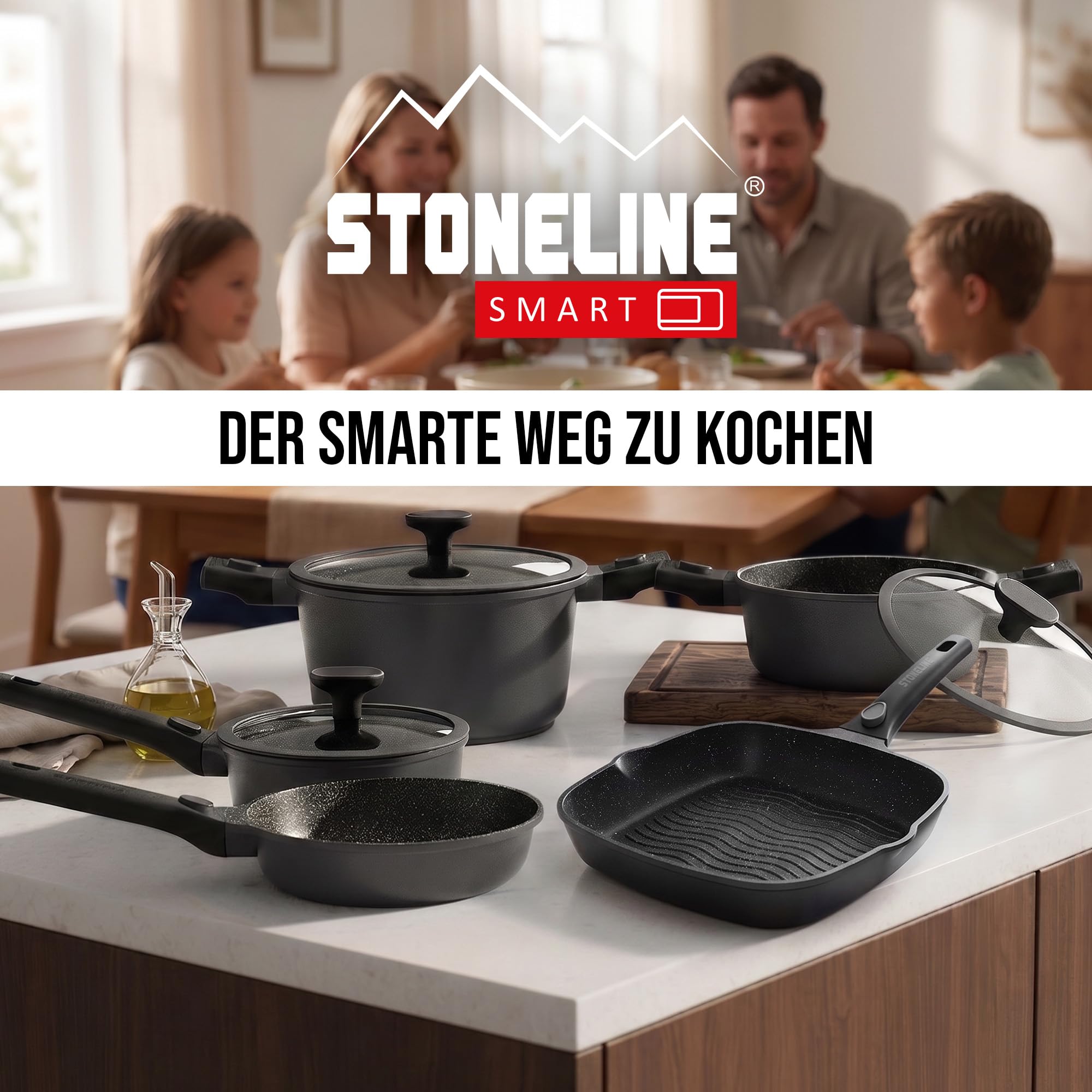 STONELINE SMART Grillpfanne 28 cm ☆ REDESIGN 25/26 ☆ Große Steak Pfanne Aluguss, Abnehmbarem Griff, Pfanne Induktion, Alle Herdarten, Antihaftbeschichtet mit echten Steinpartikeln, Grau