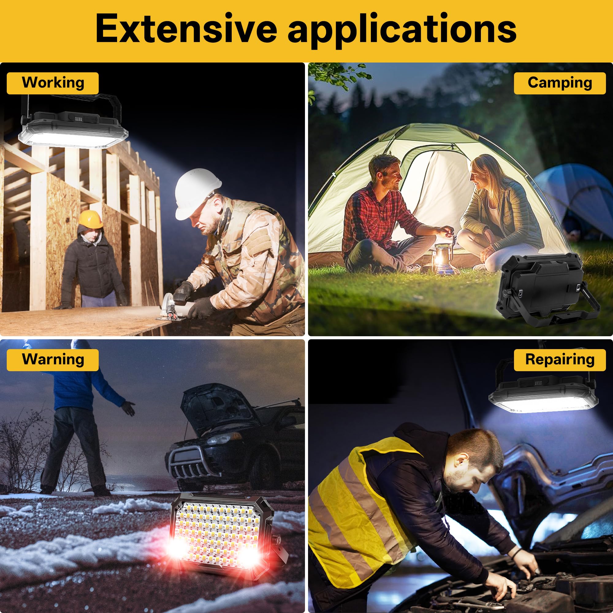 Luz de trabajo LED recargable de 12000 mAh, luces de camping al aire libre, luz de inundación de 10000 lm como banco de energía, luces de emergencia de flash rojo IP65 impermeable, soporte