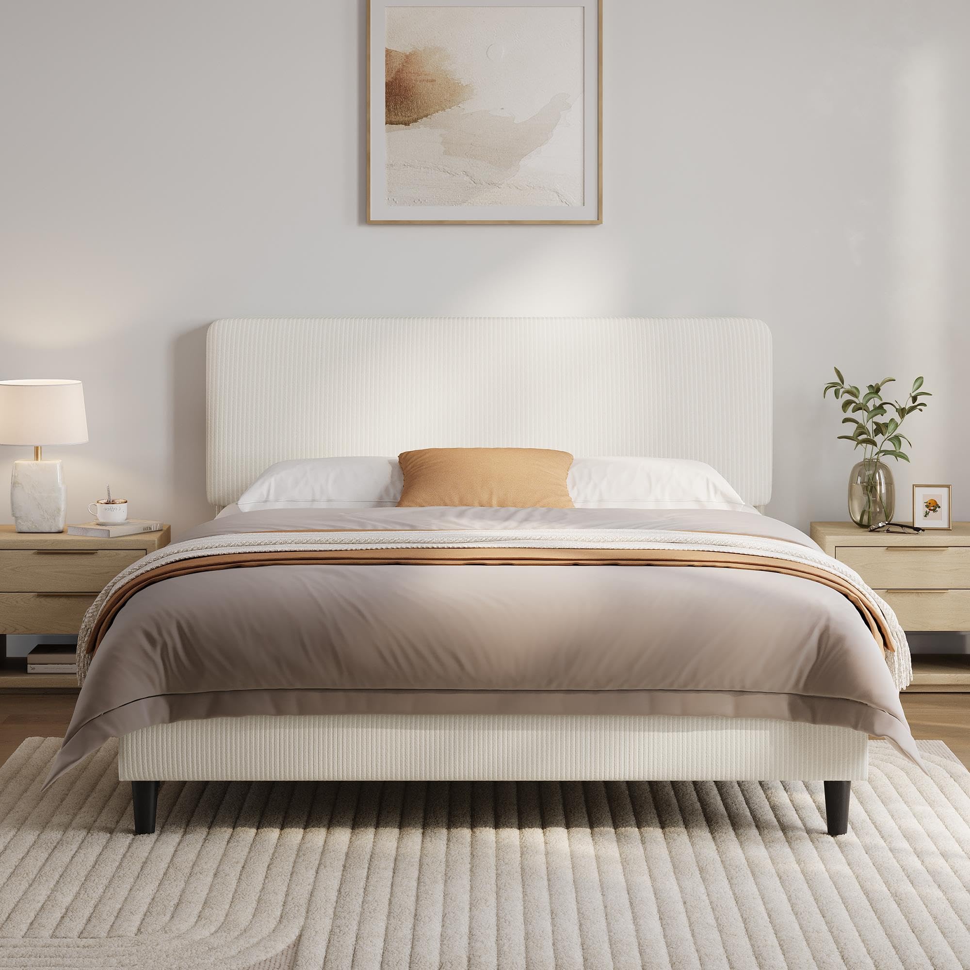 Yaheetech Chenille Upholstered King Bed Frame 150×200cm Beige Fabric Bed