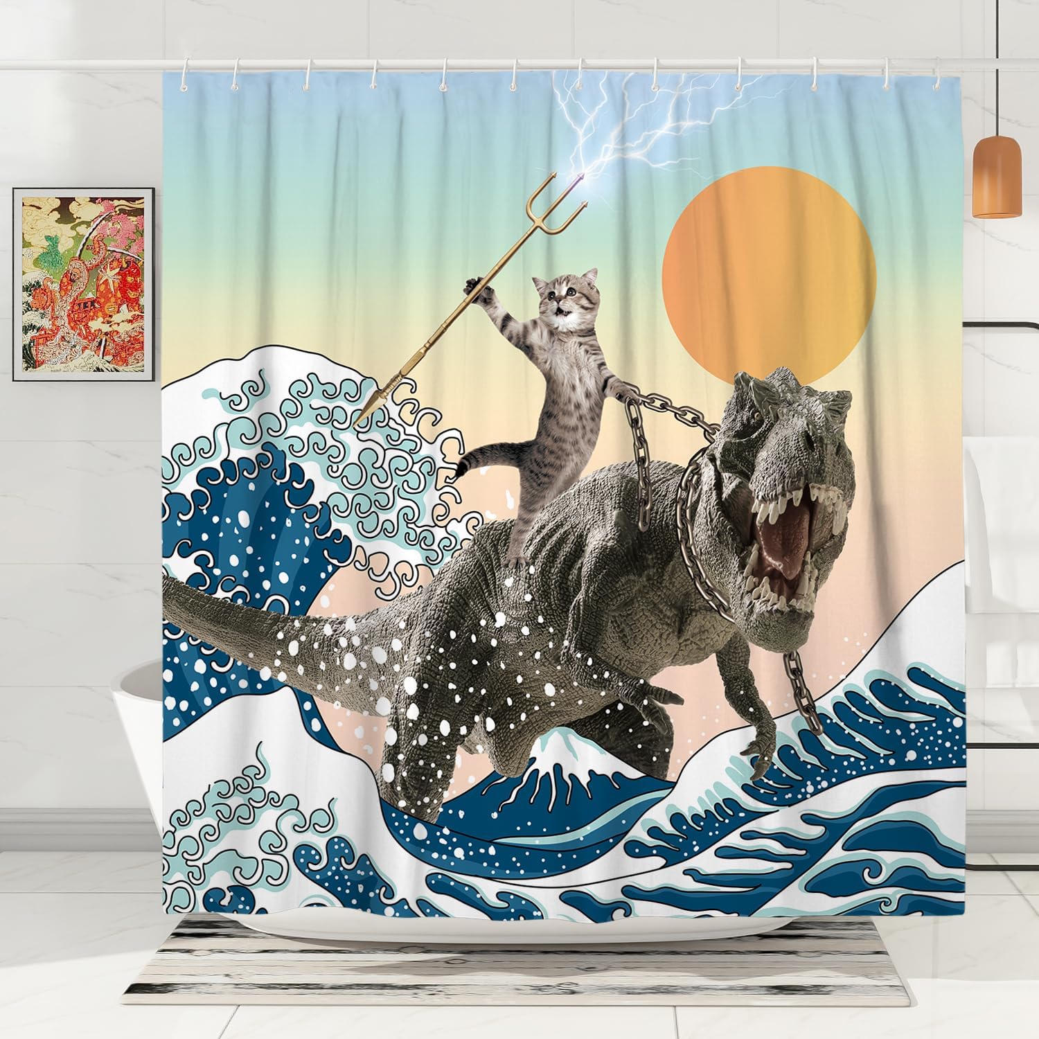DESIHOM Funny Cat Ride Dinosaur Shower Curtain Set, Fun