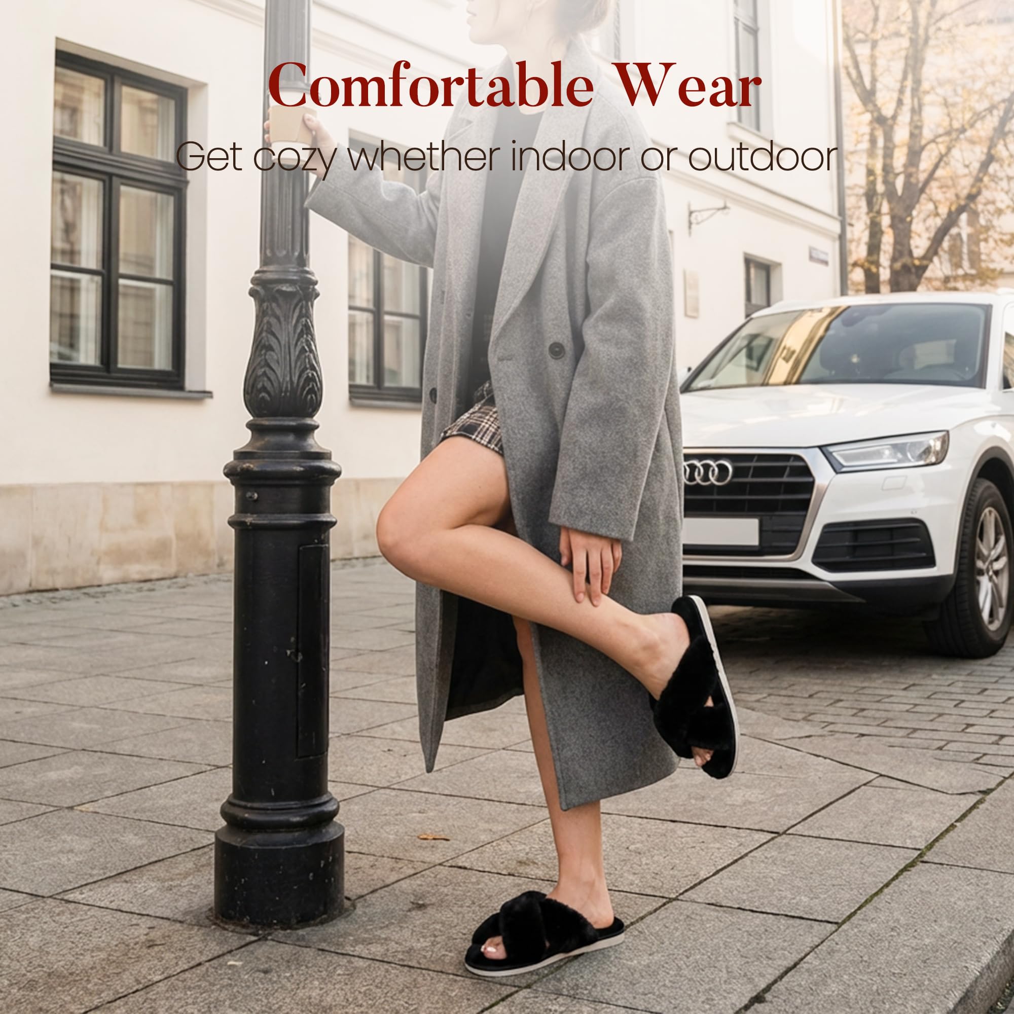 Ankis Womens Fuzzy Slippers Memory Foam Cross Band Cozy House Slippers Plush Home Fluffy Furry Slippers Open Toe Cute Soft Ladies Indoor Outdoor Slipper Slides Wedding Bride Shoes Gifts: 9-10 Black