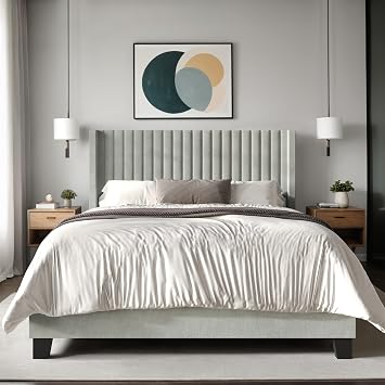 HOME DESIGN Ashland Queen Velvet Upholstered Panel Bed with Wingback Headboard, Vertical Channel Tufting, Adjustable Height, Easy Assembly, Solid Wood Frame, Light Gray