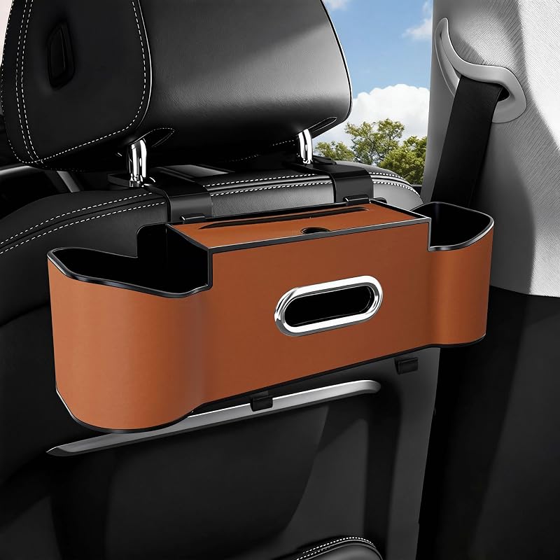 Organizador para Encosto de Banco Joezhe 4 em 1 com Porta-Copos, Porta-Lenços, Suporte para Celular e Ganchos, Marrom-claro