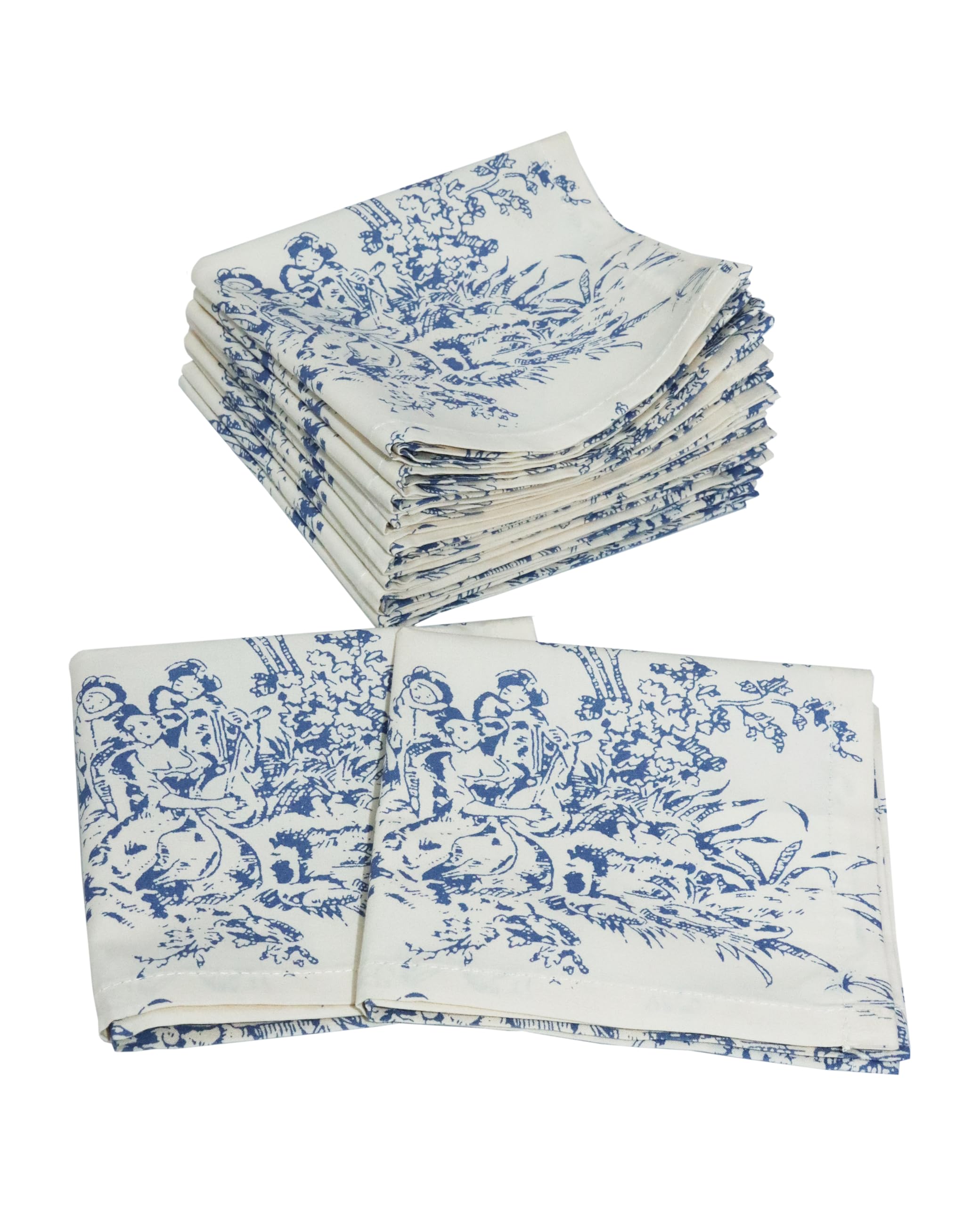 COTTON CRAFT French Country Toile Cloth Cocktail Napkins - Set of 12 - 100% Cotton Bar Napkin for Happy Hour, Beverage, Dessert, Drinks - Holiday Party Gift - 10x10 - Blue