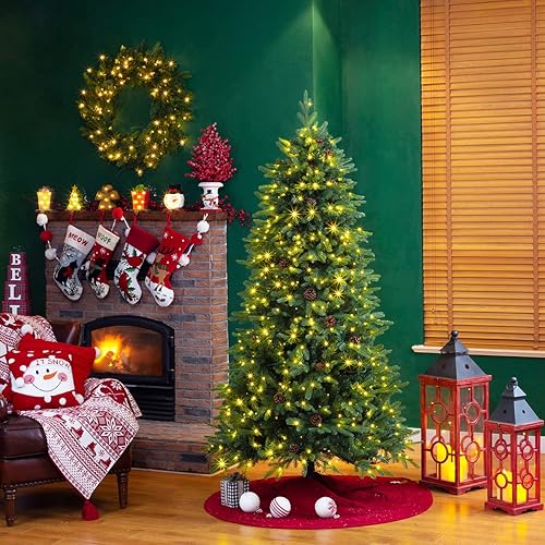 Miniatura 2 de Glitzhome Árbol de Navidad artificial de abeto verde preiluminado de 7 pies con soporte de metal de fácil montaje, 9 árboles de Navidad artificiales