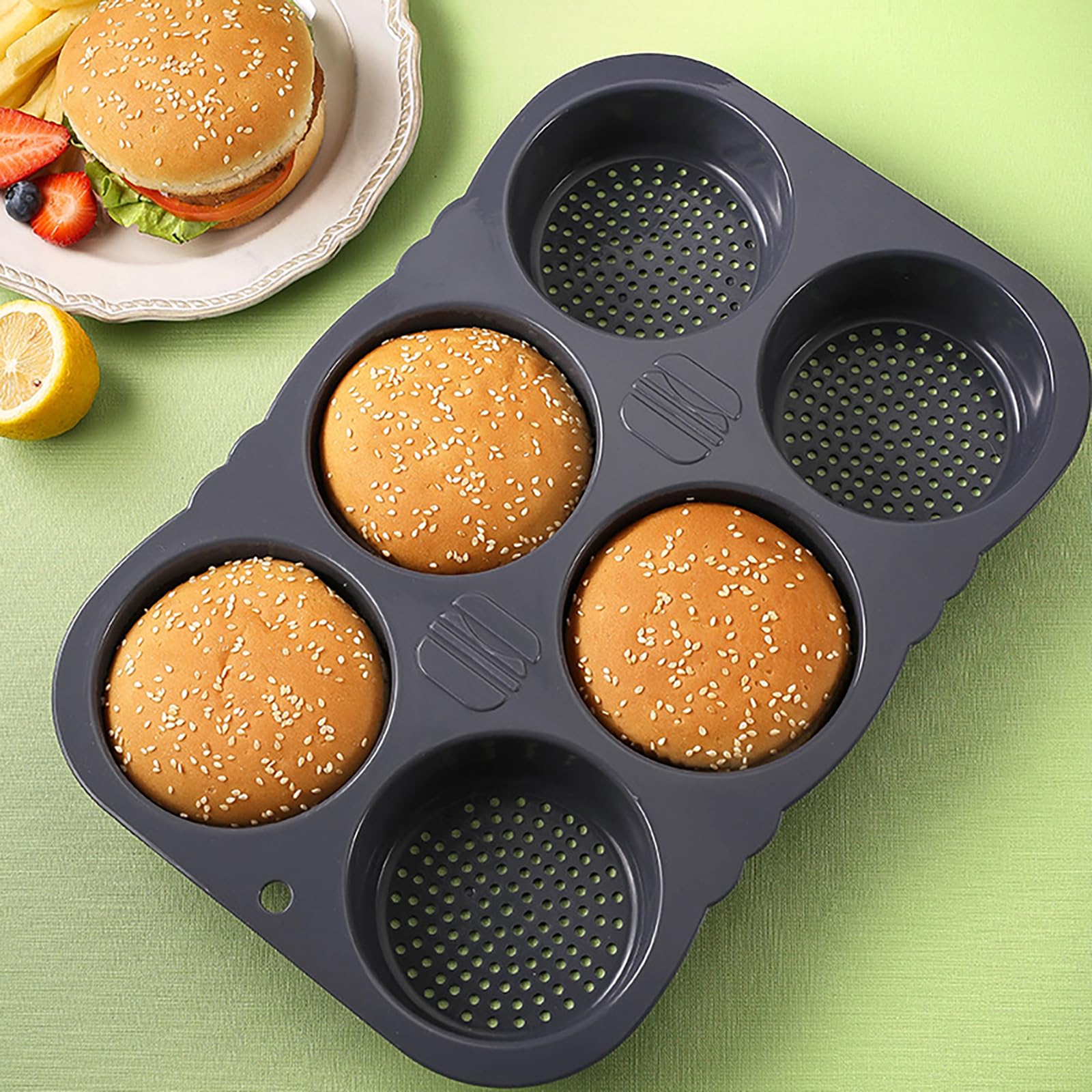Moule à Pain Burger Silicone 6 Cavités - Diamètre 10 cm - Pour Four & Micro-Ondes - Résistant -40°C à 230°C - Démoulage Facile (34.5x23.5x4 cm)