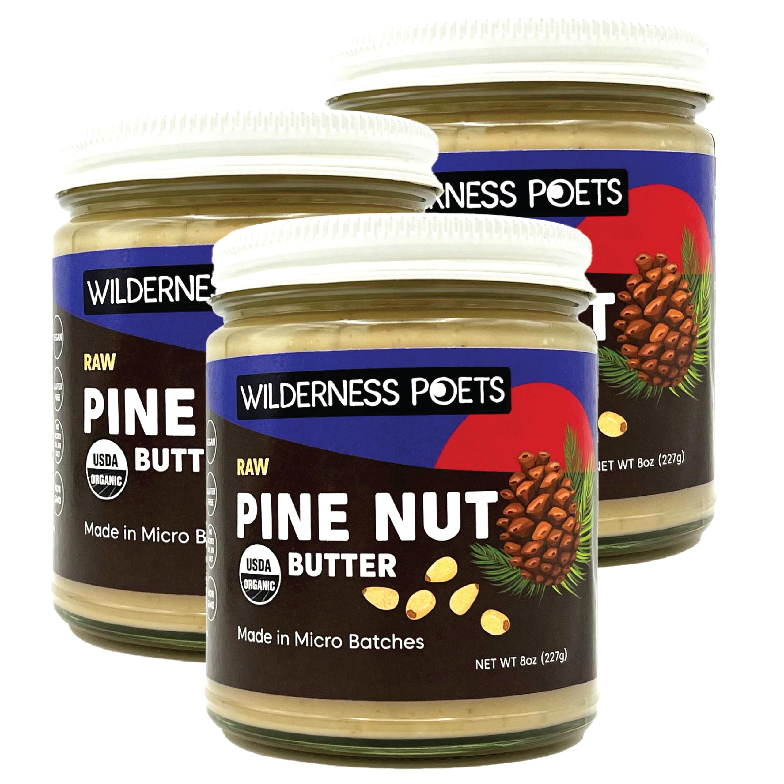 Wilderness PoetsPine Nut Butter - Organic, Raw, 100% Pine Nuts (8 Ounce - 3 Pack) - No Salt, No Sugar, Creamy - Glass JarsUSDA Organic