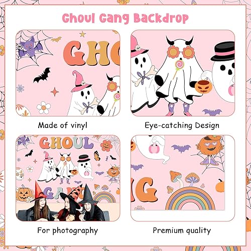 Miniatura 5 de Decoración de fiesta de cumpleaños de Ghoul Gang, telón de fondo de Ghoul Ghoul Ghoul, telón de fondo pastel hippie de Halloween para Groovy Retro