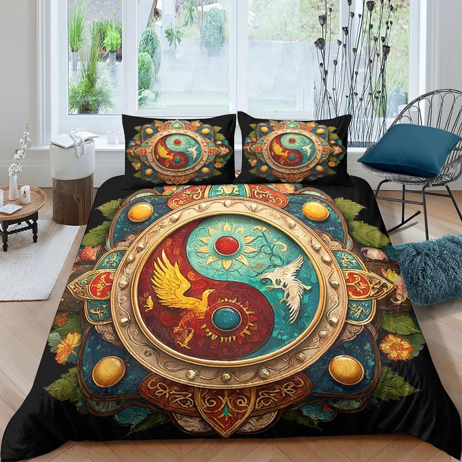 Ctjqhvkz Style-9 3D Printed Yin Yang Phoenix Fitted Sheet Microfiber Mandala Bed Cover For Bedroom Dorm Art Decor Mattress Protection Single（135X200cm）