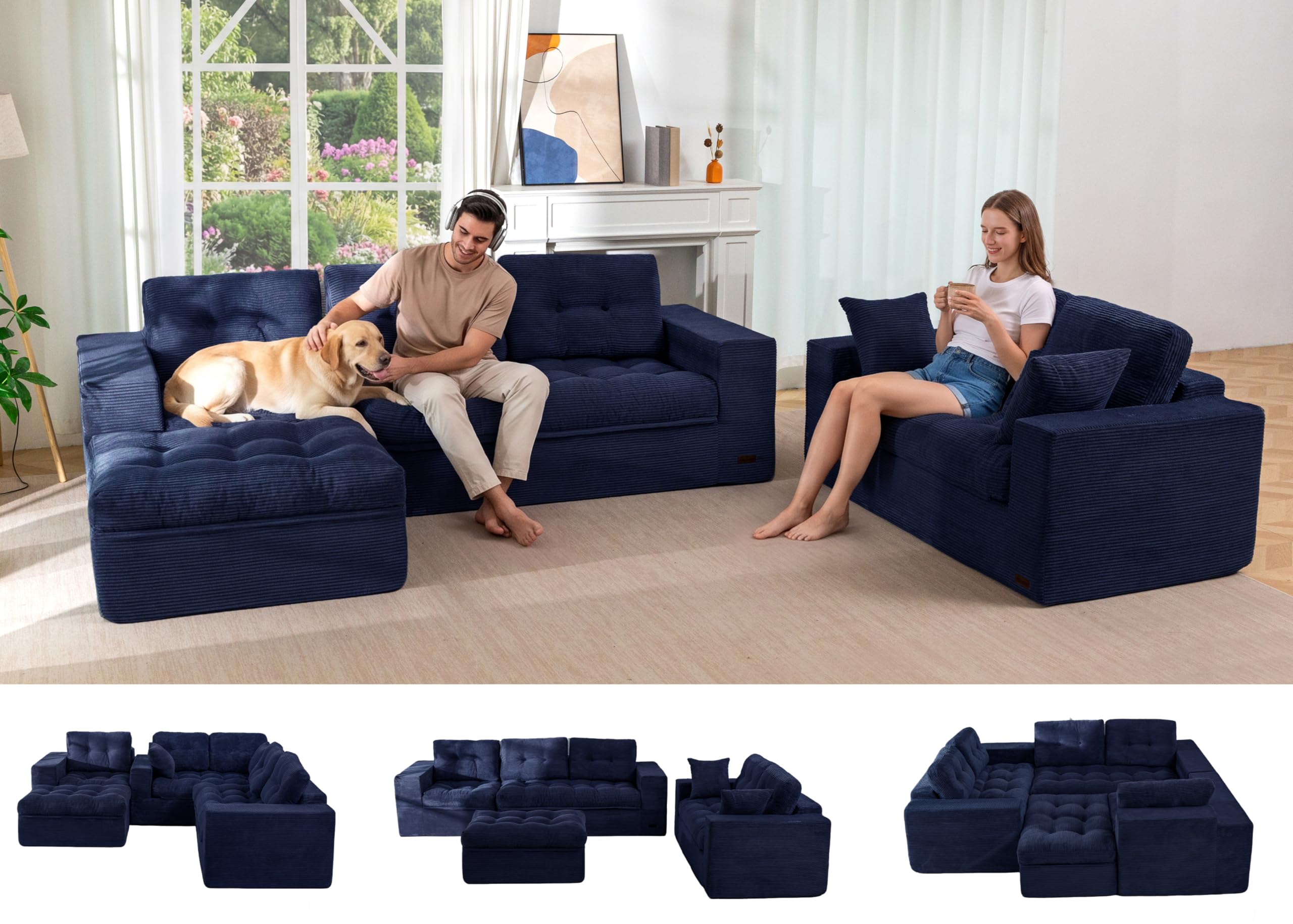 MAXYOYO Modular Sectional Sofa with Ottoman and Loveseat, Cloud Boneless Couch with Layered Cushion, Flexible Module Combination Sofa for Living Room, No Assembly Required,Navy