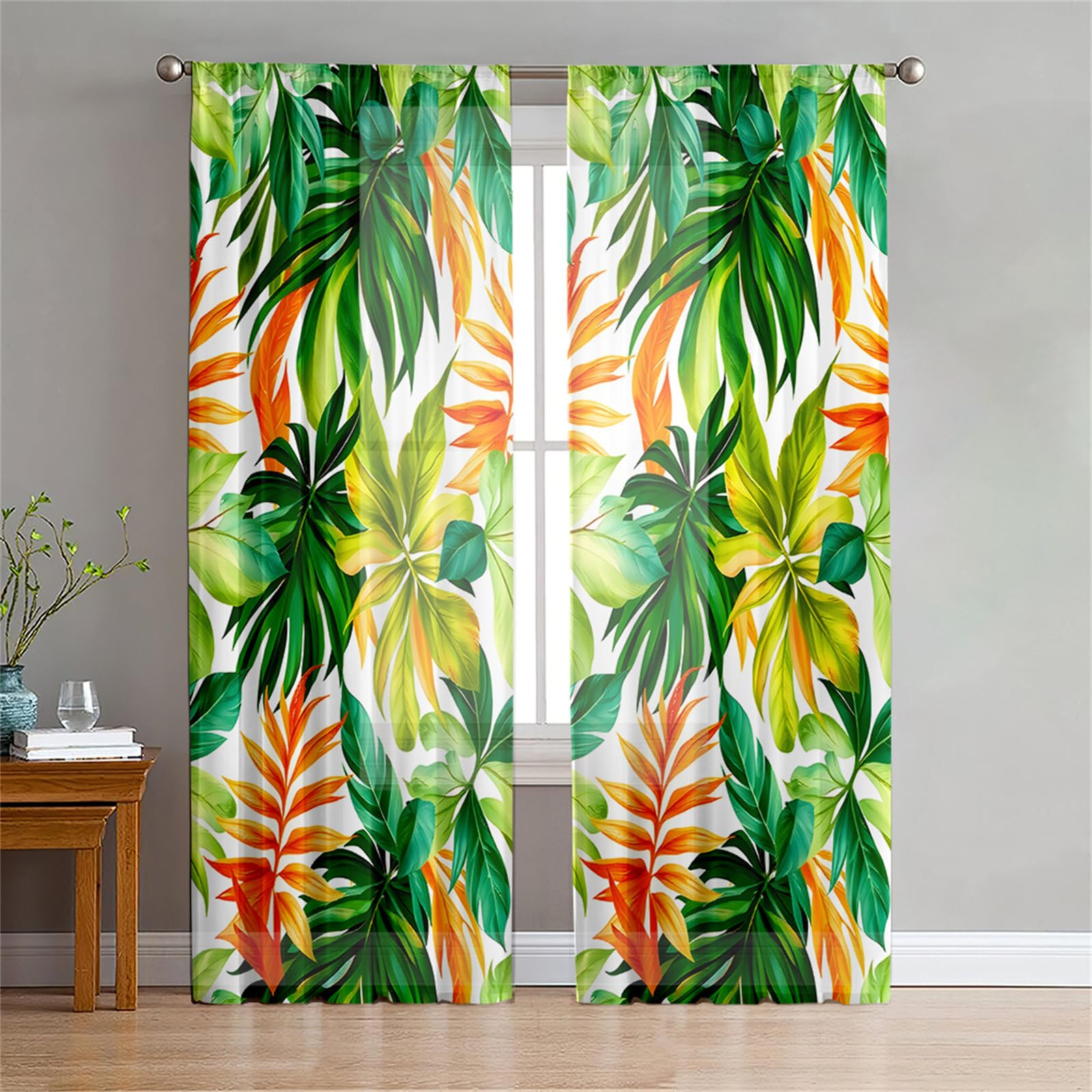 Surwin Net Curtains for Windows, Voile Curtain, 2 Panels Tropical Landscape with Eyelets, Semi Transparent Lightweight Voile Panel for Living Room Bedroom Balcony Decorative (Orange 1,W55xH95cm)