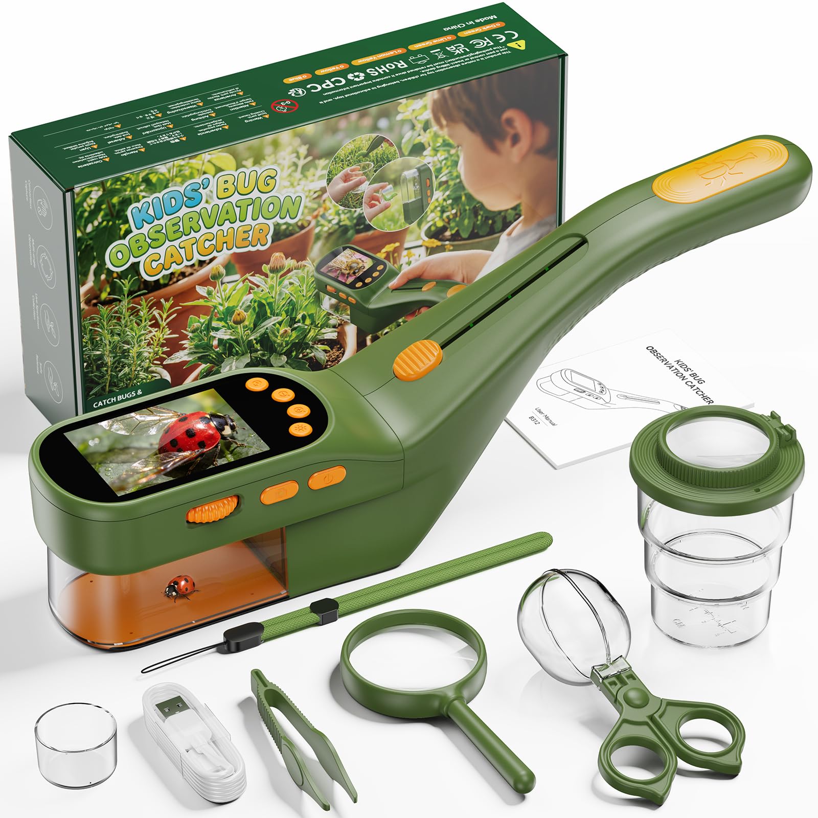 Atrapa Insectos con 500X Pantalla - Kit Explorador Niños, Kit Cazabichos con Lupa, Pinzas, Porta-Insectos,Insectos Juguete, Aire Libre Aventura Juguetes para Niños y Adultos (Verde Oscuro)