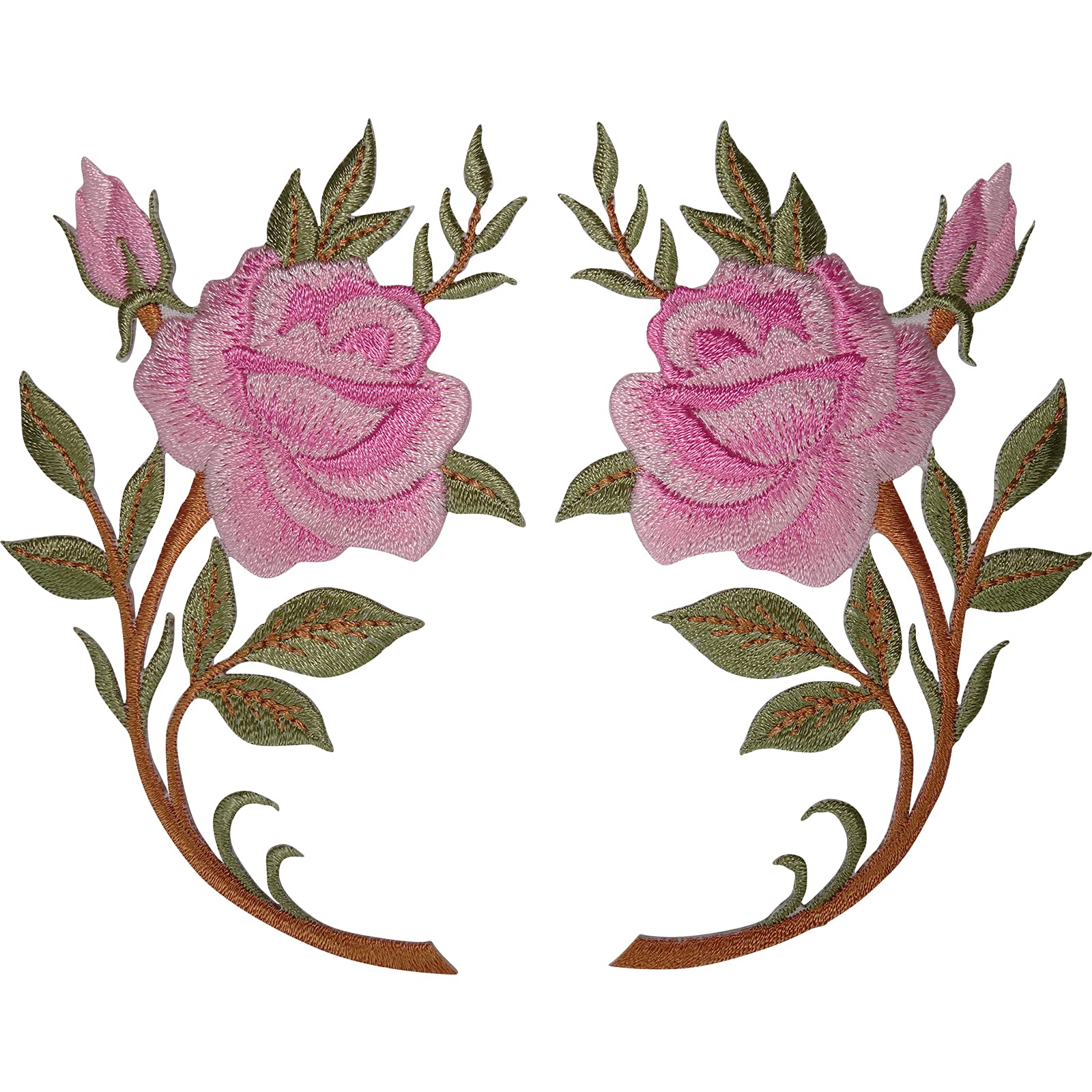 ELLU Coppia di Toppe di Fiori Rosa Verde Ferro su Cucire su Fiori Ricamati Patch Badge